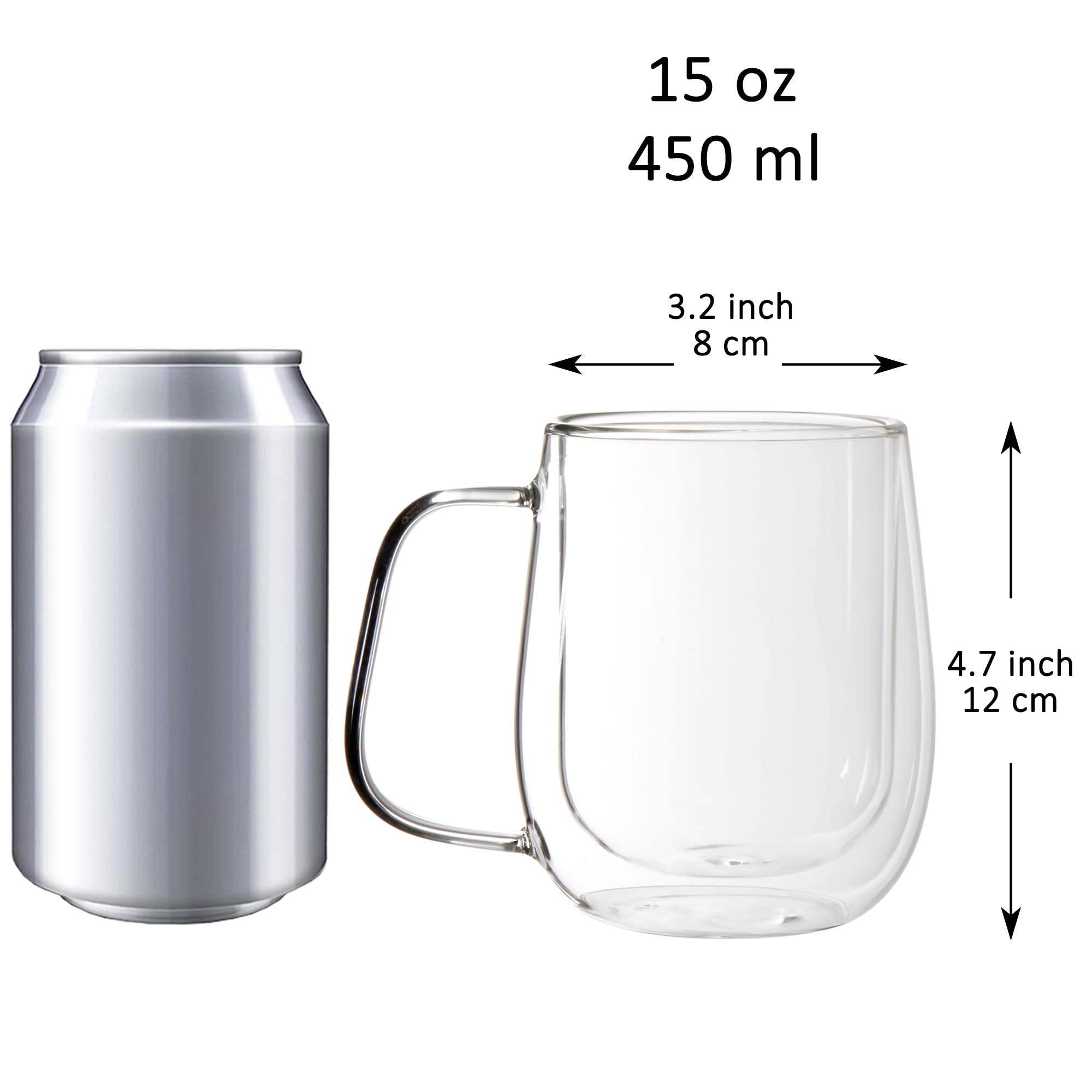 Youngever 2 Pack Glass Coffee Cups, Double Wall Thermo Insulated Coffee Cups, Glass Coffee Mugs with Handle (15 Ounce)