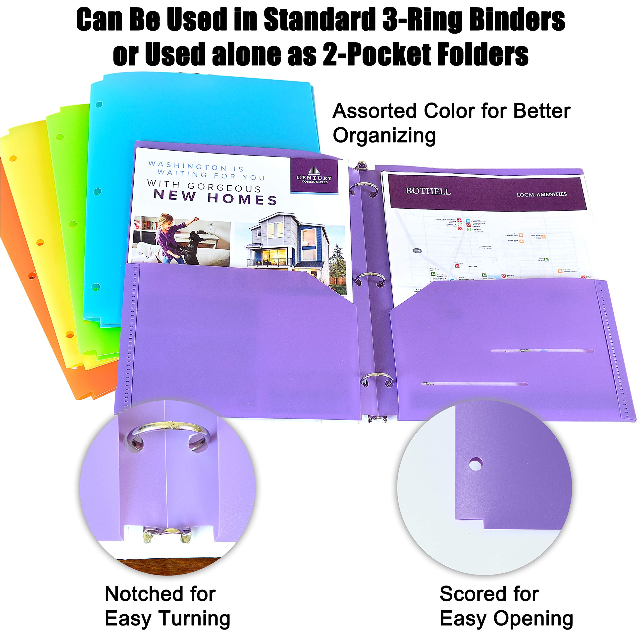 Youngever 12 Pack Heavy Duty Plastic Two Pocket Folders, Binder Dividers with Pocket, 3 Hole Punch Folder with Notches, Binder Folders