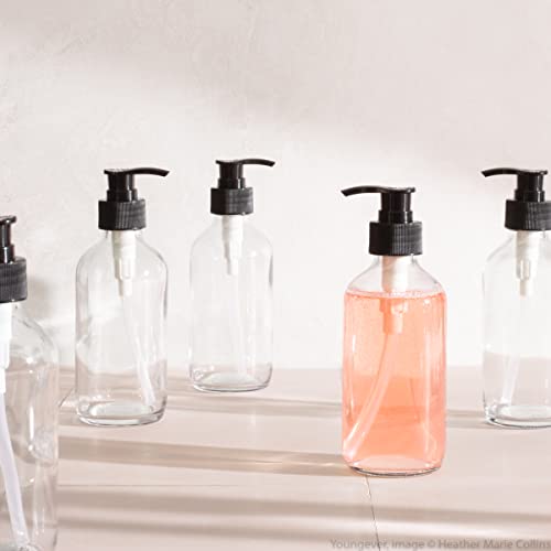 Youngever 5 Pack Empty Clear Glass Pump Bottles, 8 Ounce Lotion Pump Bottles, Soap Dispenser, Refillable Containers, Durable Black Pumps