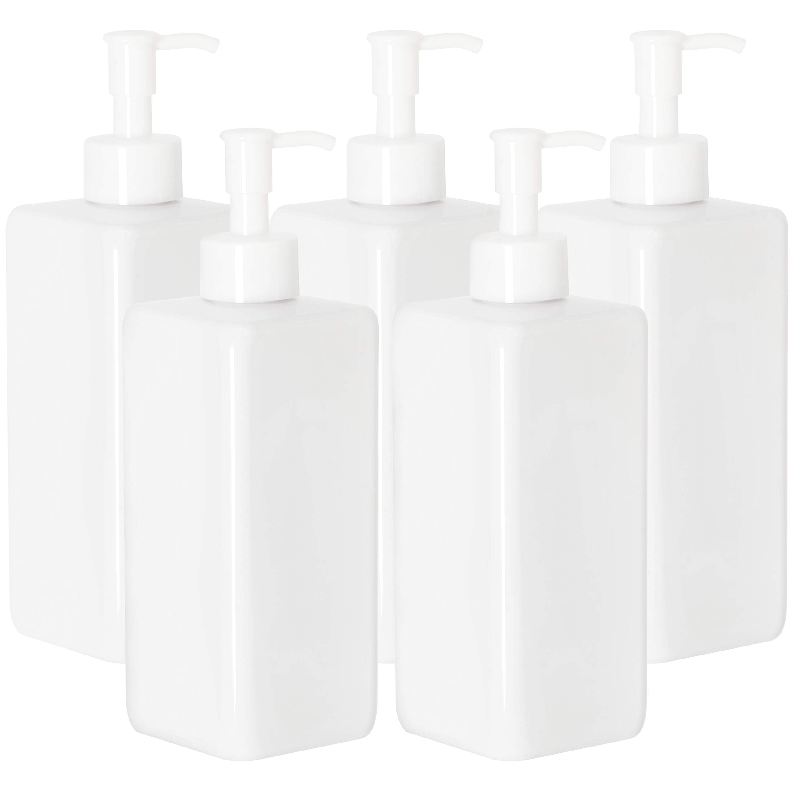 Youngever 5 Pack 16 Ounce Plastic Pump Bottles, Refillable Square Plastic Pump Bottles for Dispensing Lotions, Shampoos and More