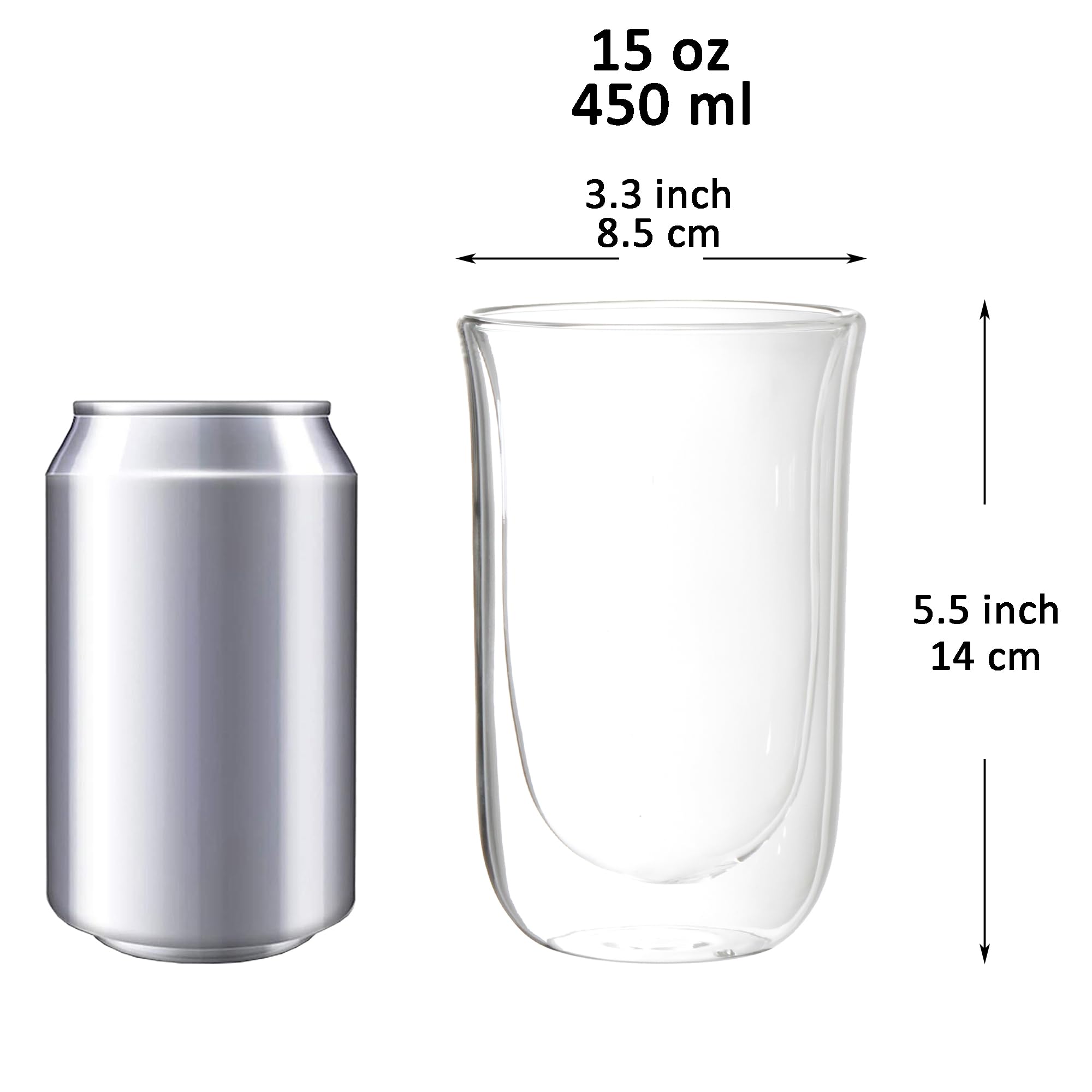 Youngever 2 Pack Large 15 Ounce Glass Coffee Cups, Double Wall Thermo Insulated Coffee Cups, Glass Coffee Mugs