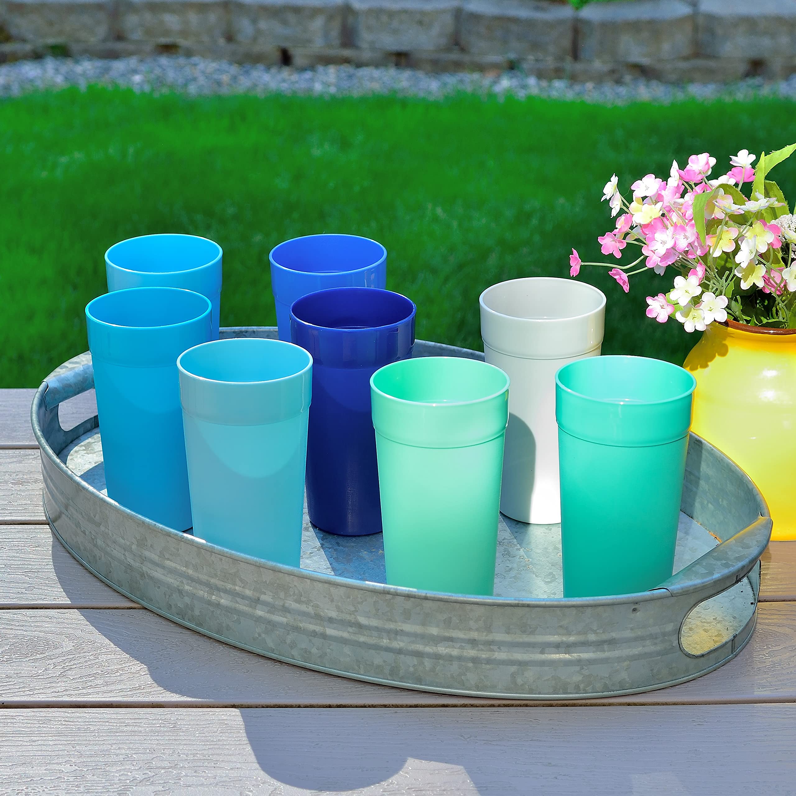 Youngever 18 Pack Unbreakable Plastic Tumblers 20 Ounce, Unbreakable Plastic Drinking Glasses, Plastic Cups, Set of 18 in 9 Coastal Colors