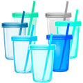Youngever 7 Sets Plastic Kids Cups with Lids and Straws, 7 Reusable Toddler Cups with Straws in 7 Coastal Colors