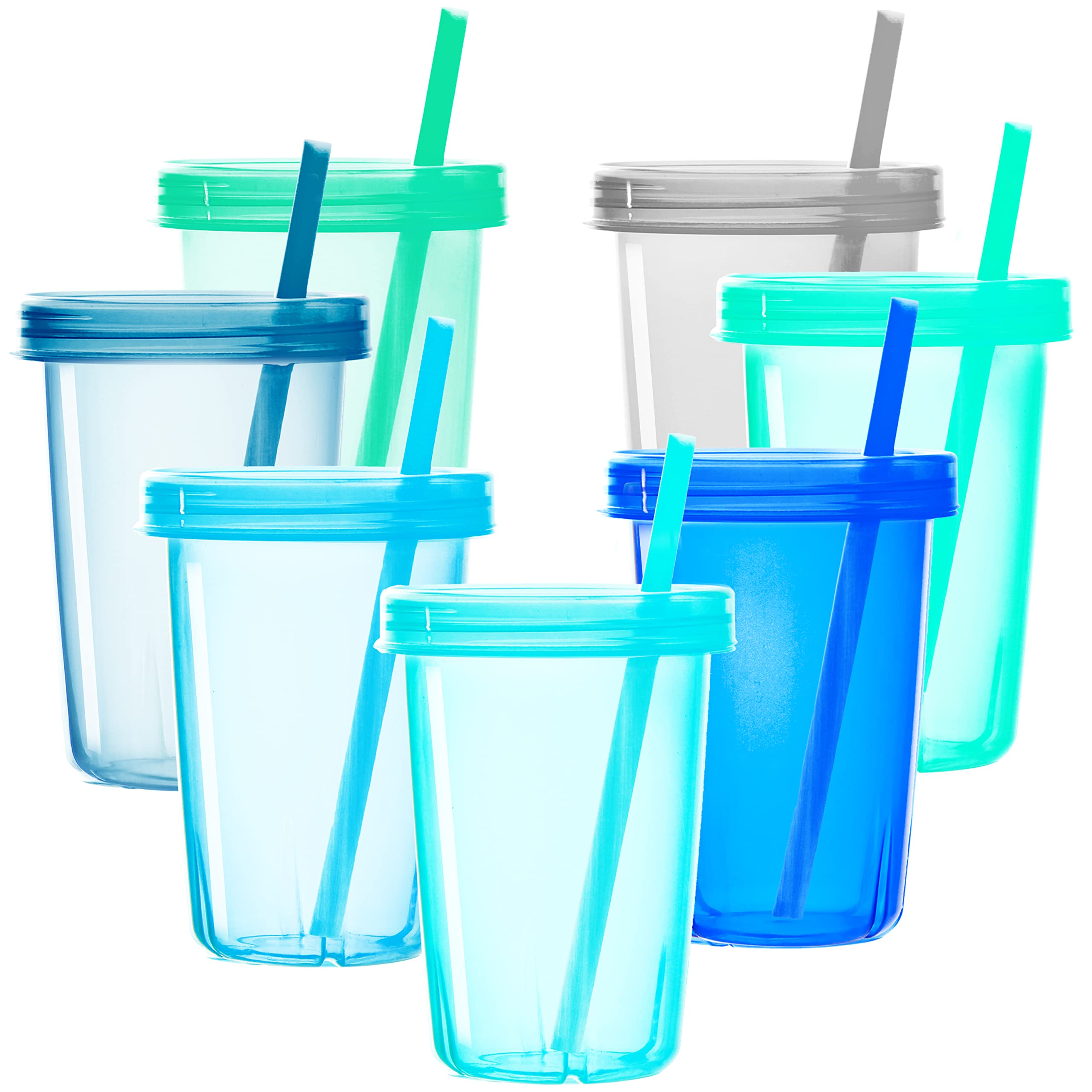 Youngever 7 Sets Plastic Kids Cups with Lids and Straws, 7 Reusable Toddler Cups with Straws in 7 Coastal Colors