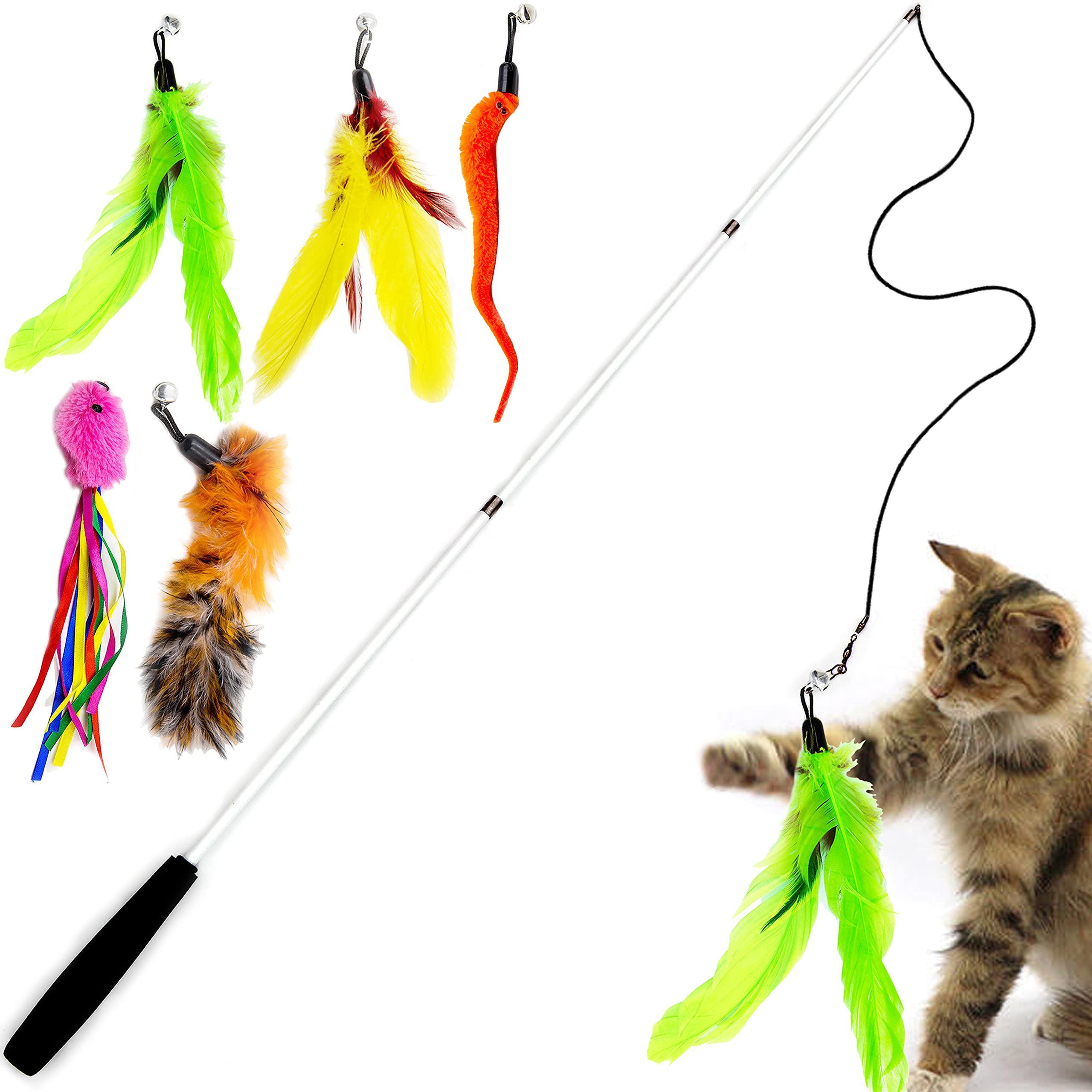 Youngever 6-Piece Cat Teaser Wand Toy Set with Assorted Refills, Interactive Feather Toys for Adult Cats