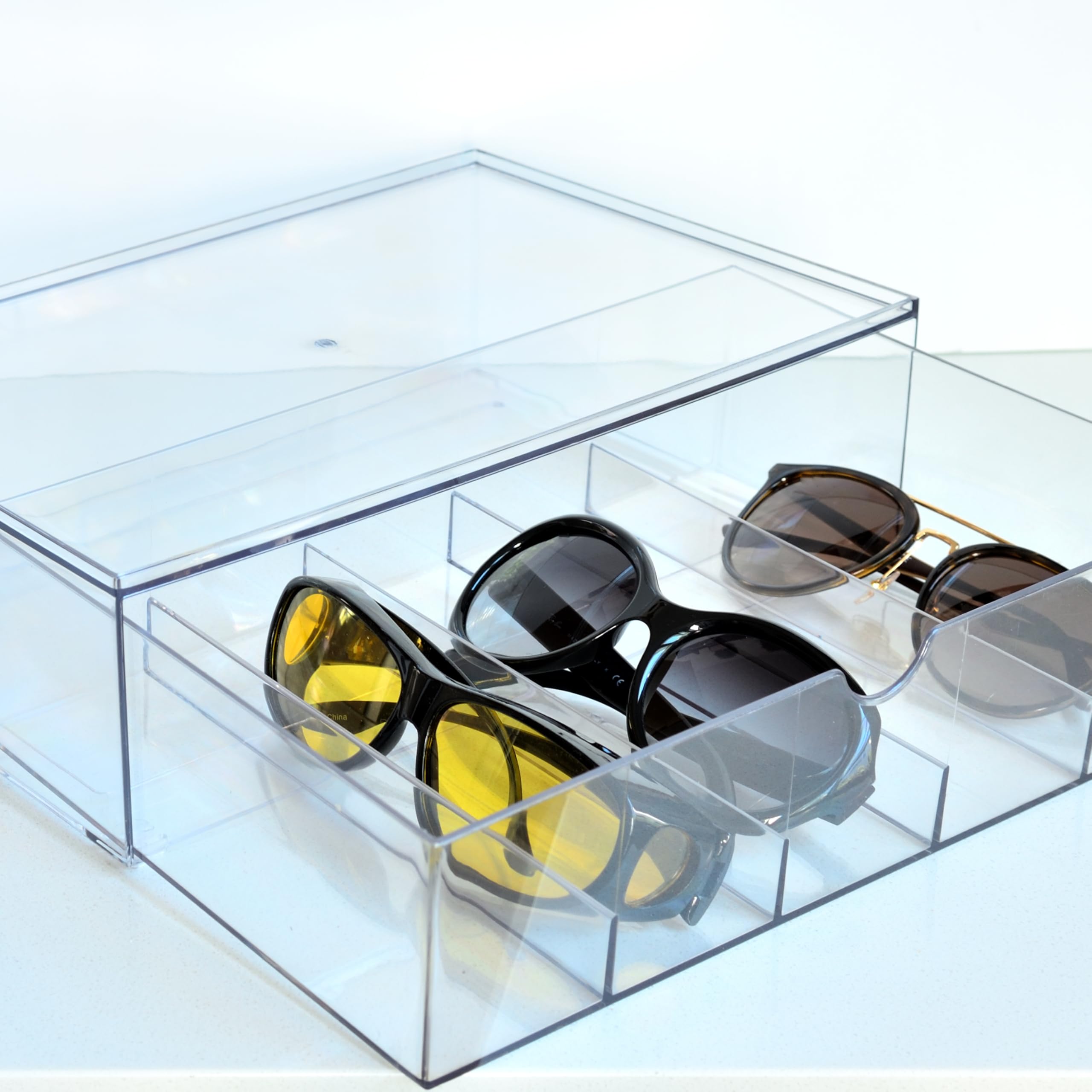 Youngever 2 Pack Sunglasses Organizer Box, Stackable Sunglasses Storage Case, 5 Divided Sections Eyewear Organizer (12" x 8" x 3.5")