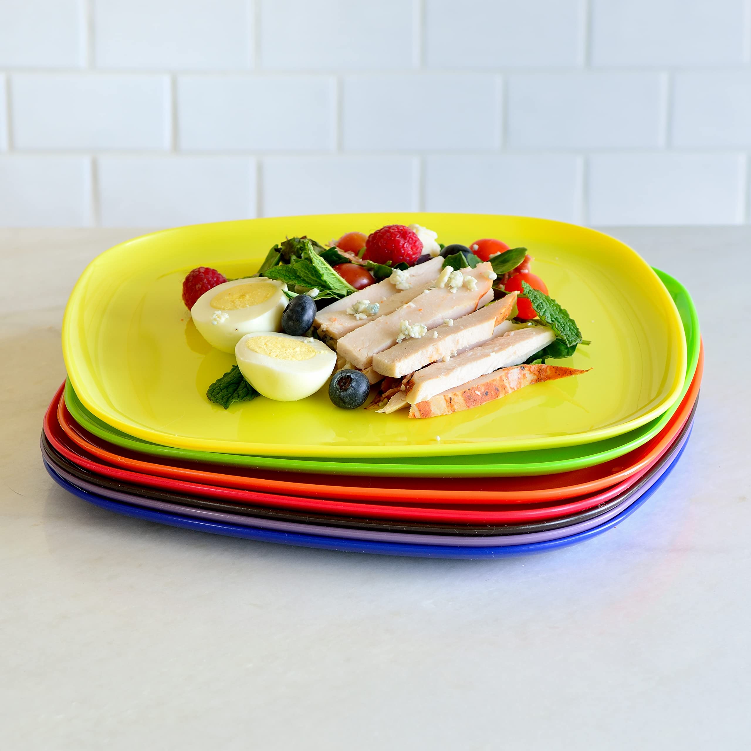 Youngever 9 Pack 10 Inch Plastic Plates, Large Square Plates, Dinner Plates, Set of 9 (9 Rainbow Colors)