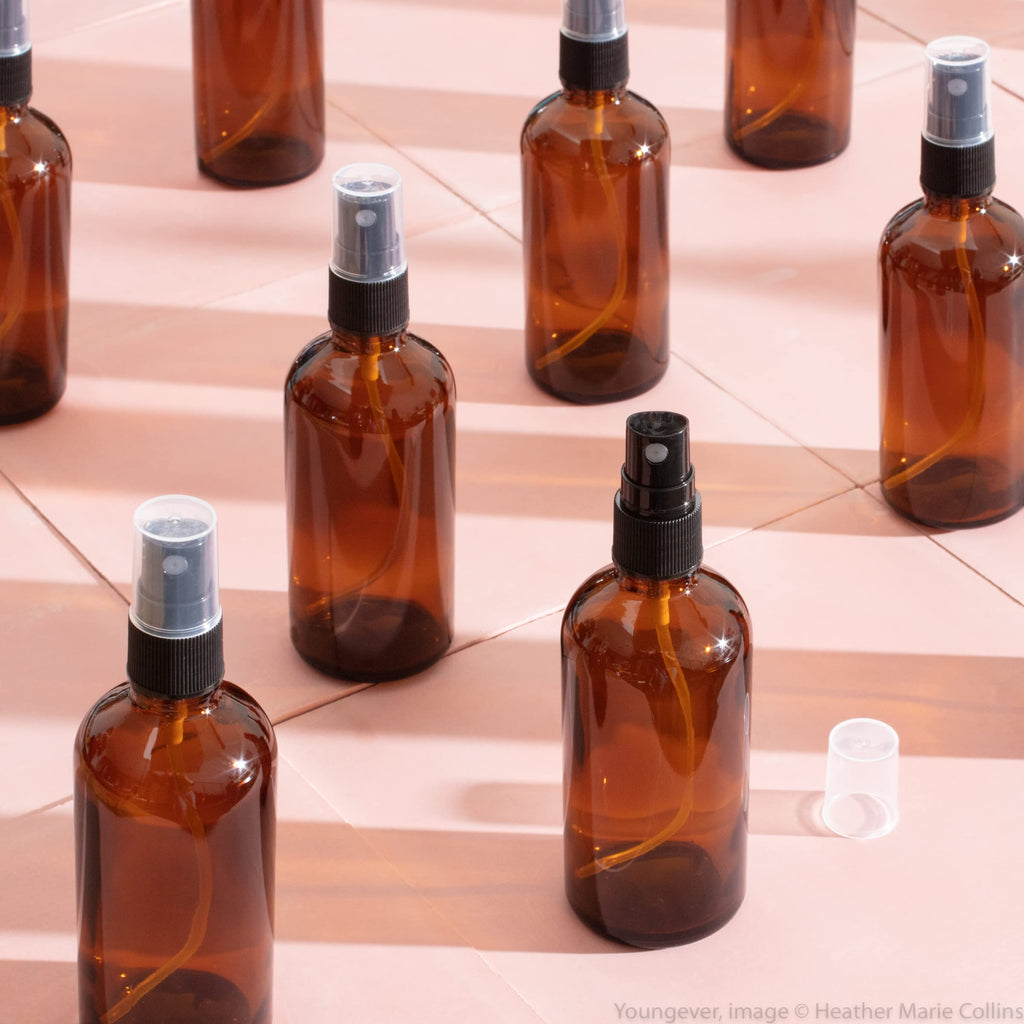 Youngever 10 Pack Empty Amber Glass Spray Bottles, 4 Ounce Refillable Container for Essential Oils, Cleaning Products, or Aromatherapy
