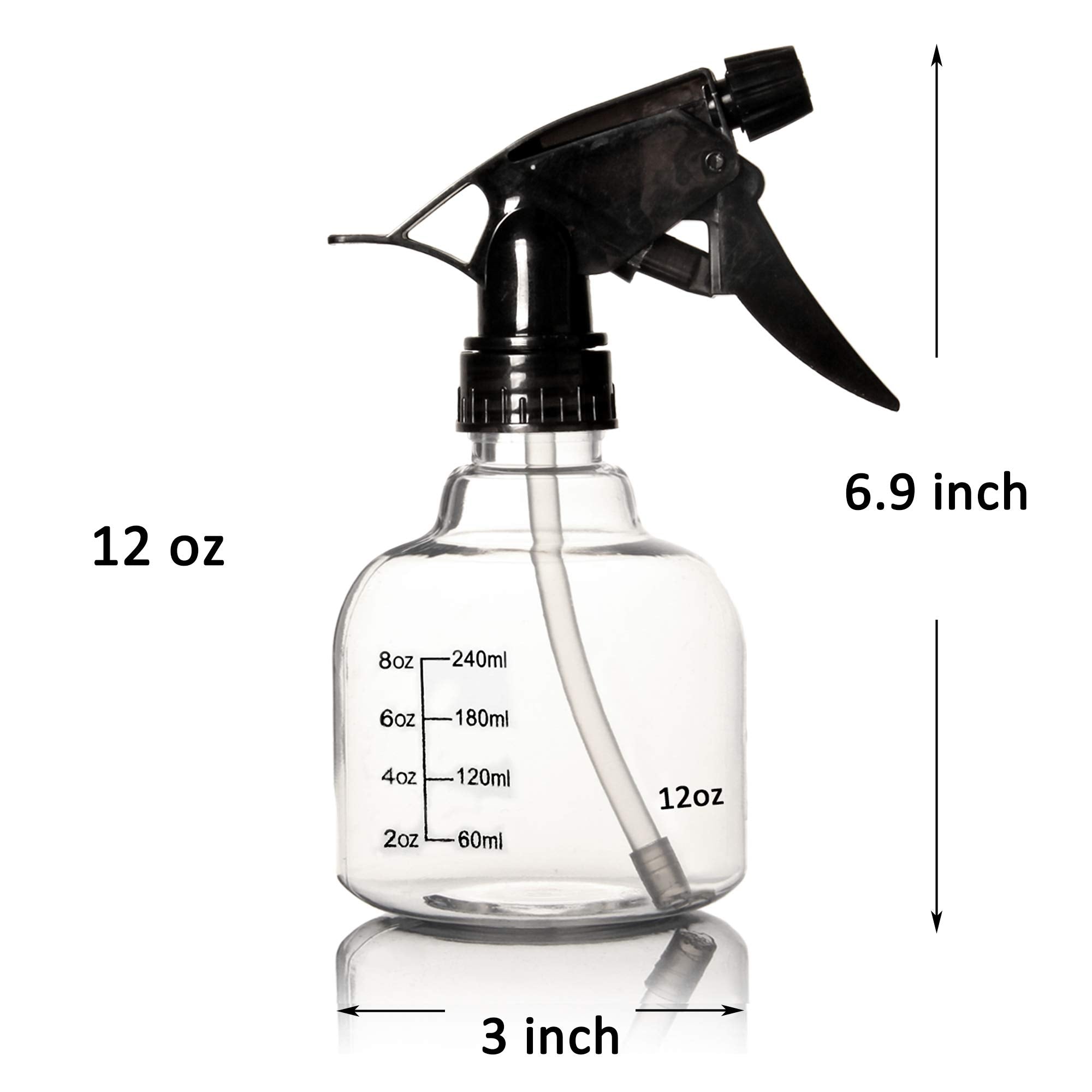 Youngever 6 Pack Empty Plastic Spray Bottles, Spray Bottles for Hair and Cleaning Solutions, 3 Clear and 3 Black Colors (12 Ounce)