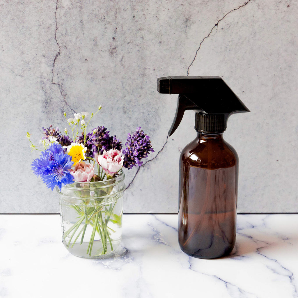 Youngever 5 Pack Empty Amber Glass Spray Bottles, 8 Ounce Refillable Container for Essential Oils, Cleaning Products, or Aromatherapy, Trigger Sprayer with Mist and Stream Settings