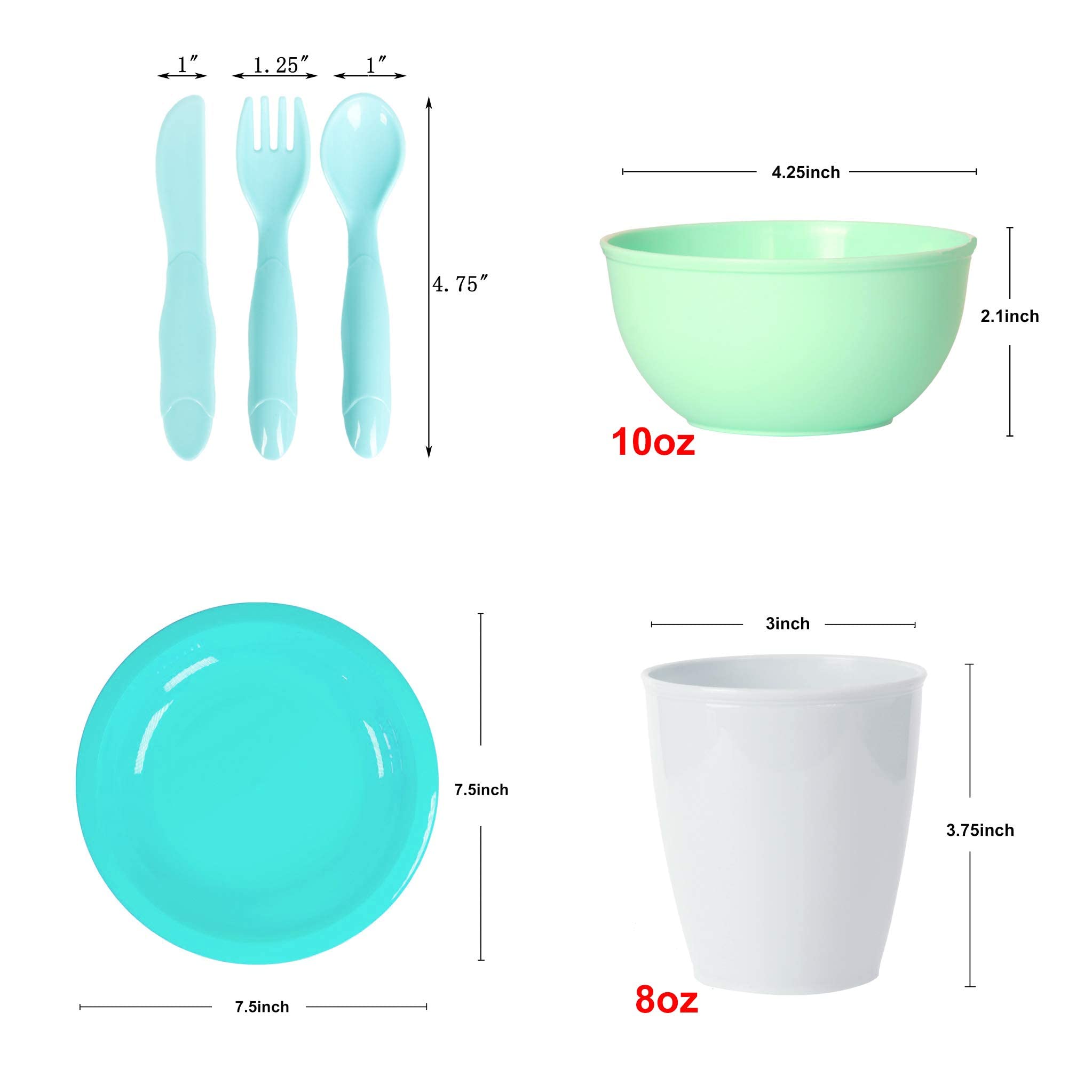 Youngever 54 pcs Plastic Dinnerware Set of 9, Coastal Colors, Toddler Dining Set, Cups, Plates, Bowls, Flatware Set