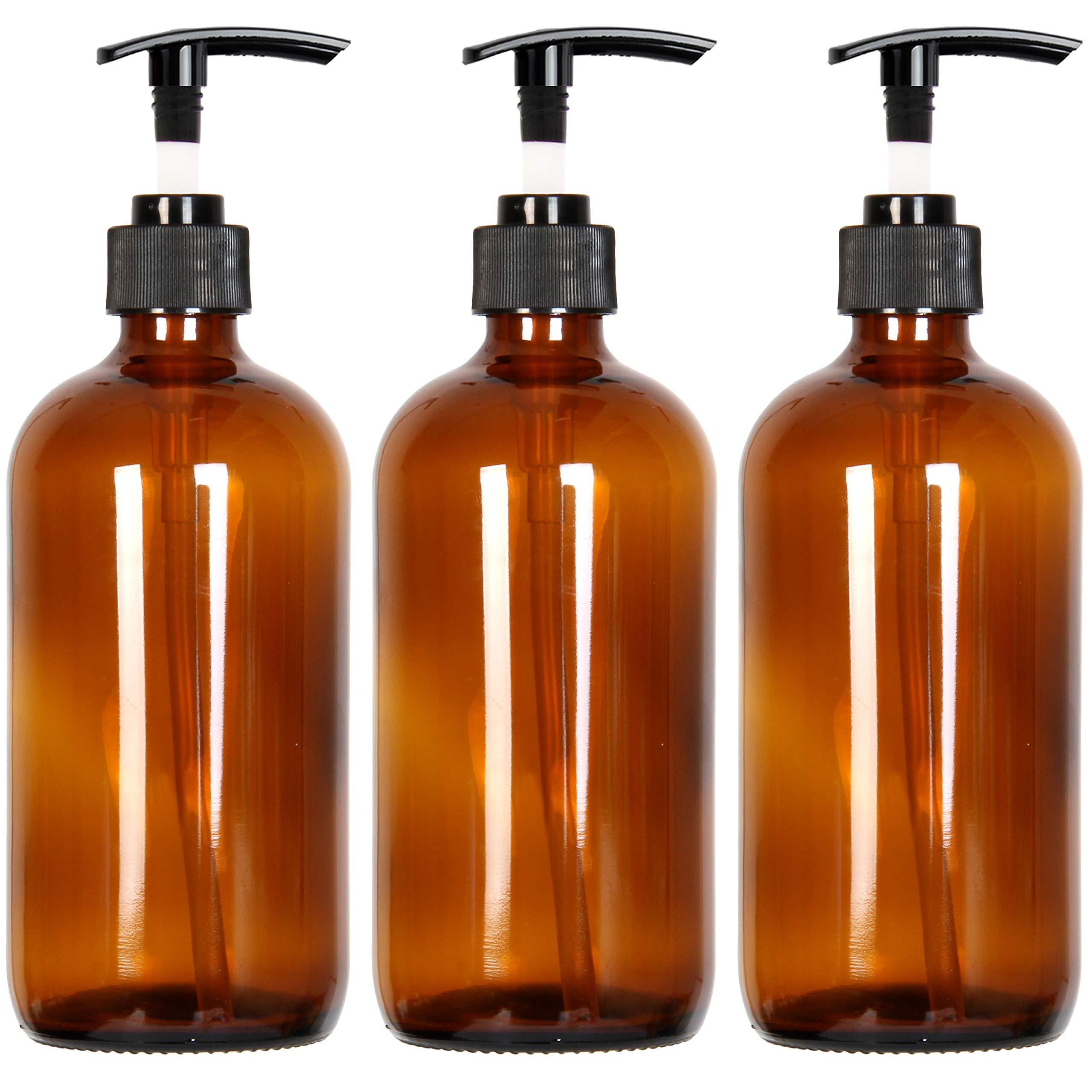 Youngever 3 Pack Empty Amber Glass Pump Bottles, 3 Pack 16 Ounce Pump Bottles, Soap Dispenser, Refillable Containers