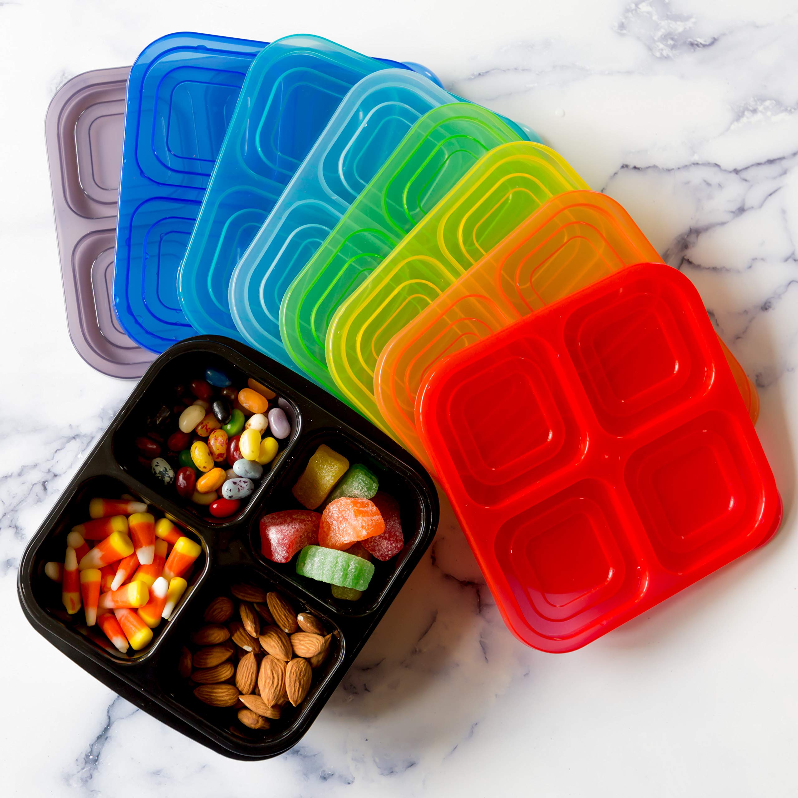 Youngever 8 Pack 4-Compartment Reusable Snack Box Food Containers, Bento Lunch Box, Meal Prep Containers, Divided Food Storage Containers