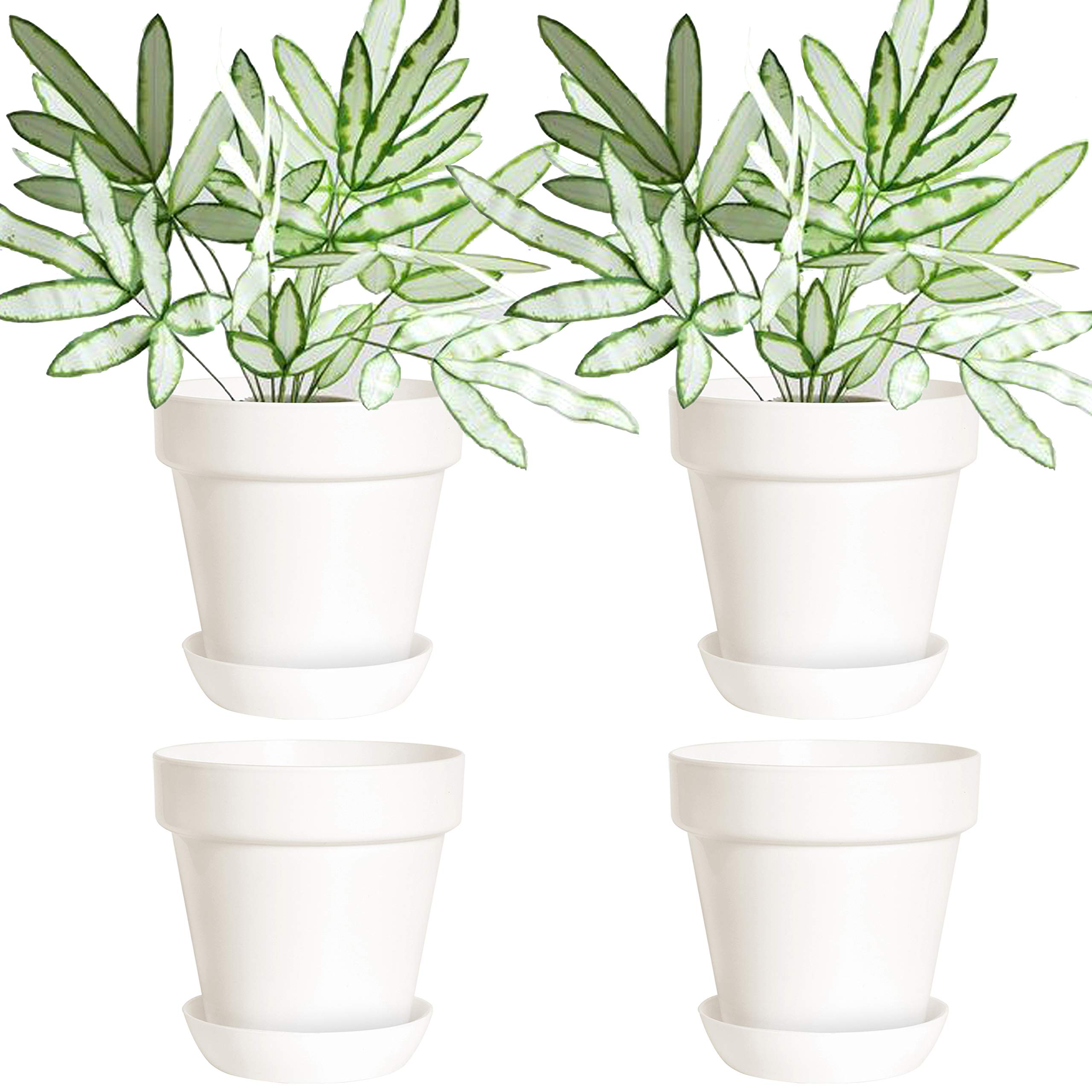 Youngever 4.5 Inch Plastic Planters with Saucers, Indoor Flower Plant Pots, Modern Decorative Gardening Pot with Drainage