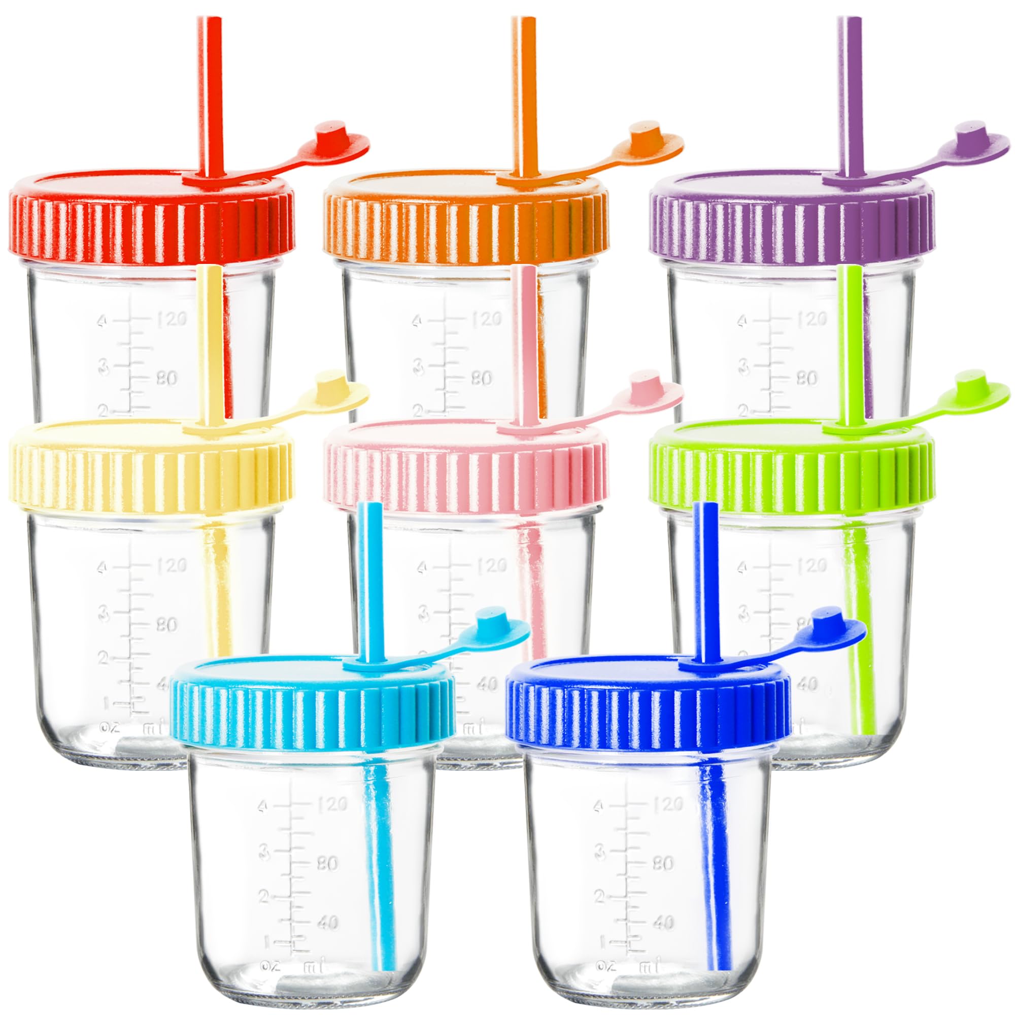 Youngever 8 Pack Kids Glass Jars With Straws, 6 Ounce Cups for Toddler, Mason Jars With Airtight Lids (8 Rainbow Colors)