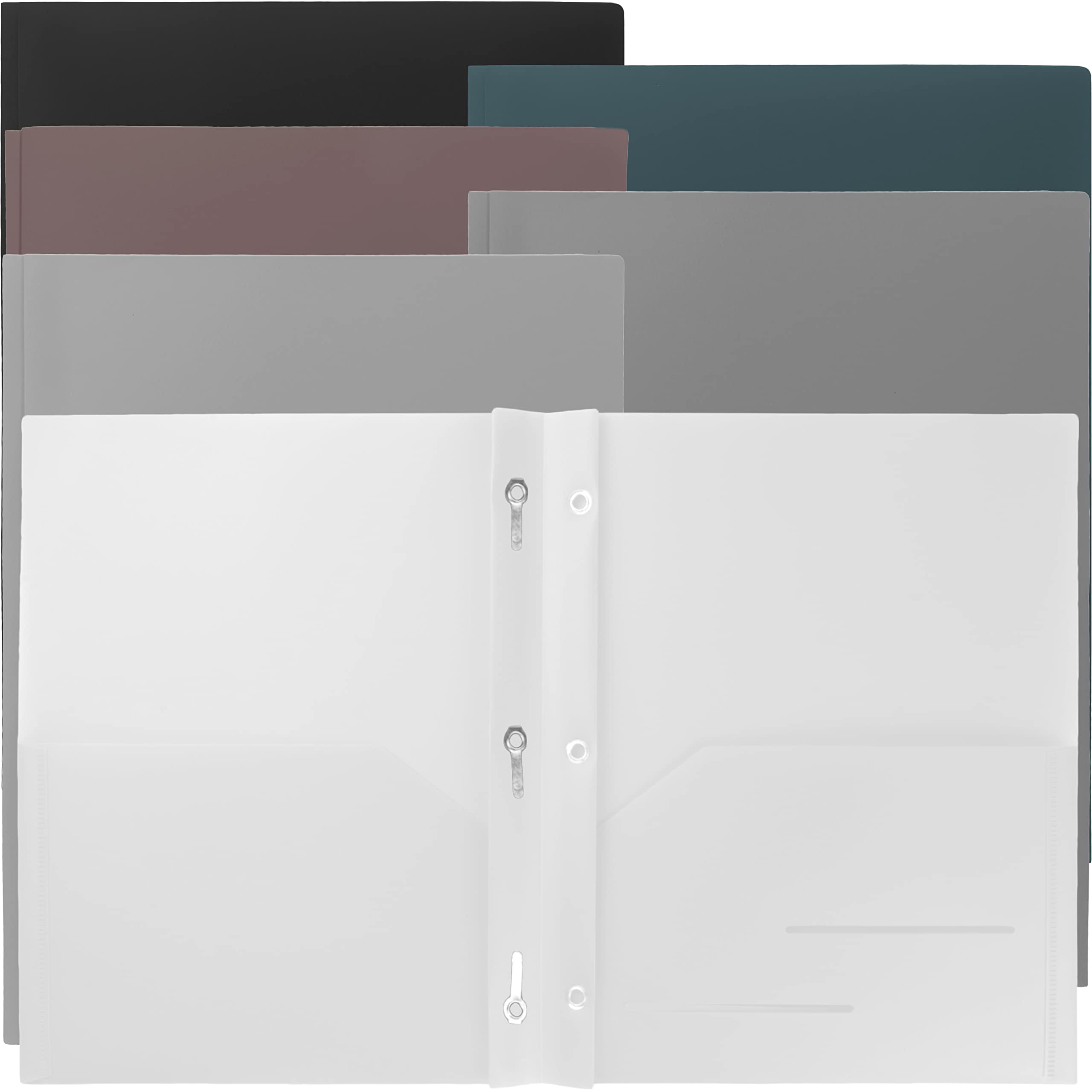 Youngever 6 Pack Heavy Duty Plastic Two Pocket Folders with 3 Prongs, Metal Prongs Fastener, Heavy Duty Plastic 2 Pocket Folder, in 6 Urban Colors