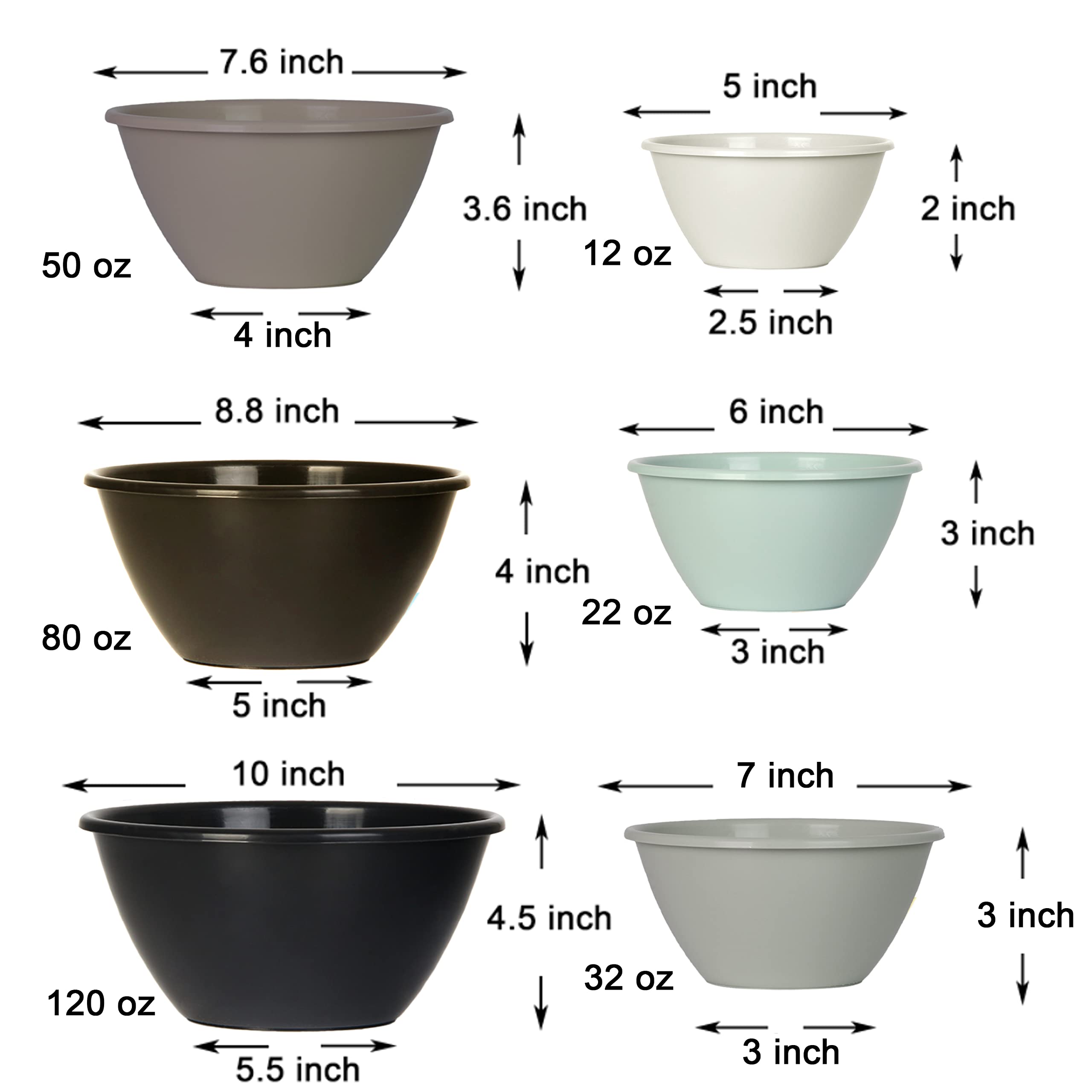 Youngever 6 Pack Large Plastic Mixing and Serving Bowls, Plastic Nesting Bowls Set (120OZ, 80OZ, 50OZ, 32OZ, 22OZ, 12OZ)