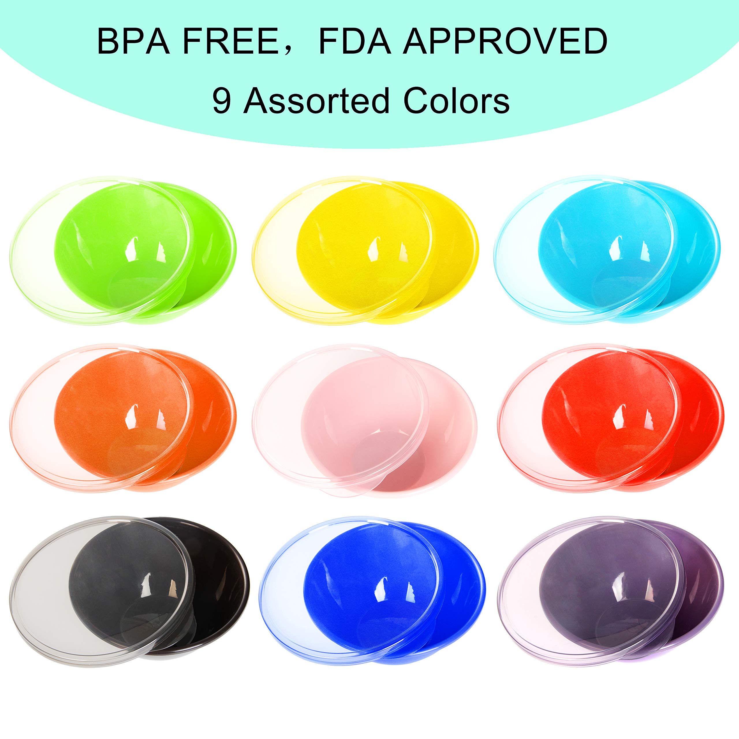 Youngever 12 Ounce Plastic Bowls with Lids, Snack Bowls, Small Bowls, Food Storage Containers, Set of 9 in 9 Assorted Colors