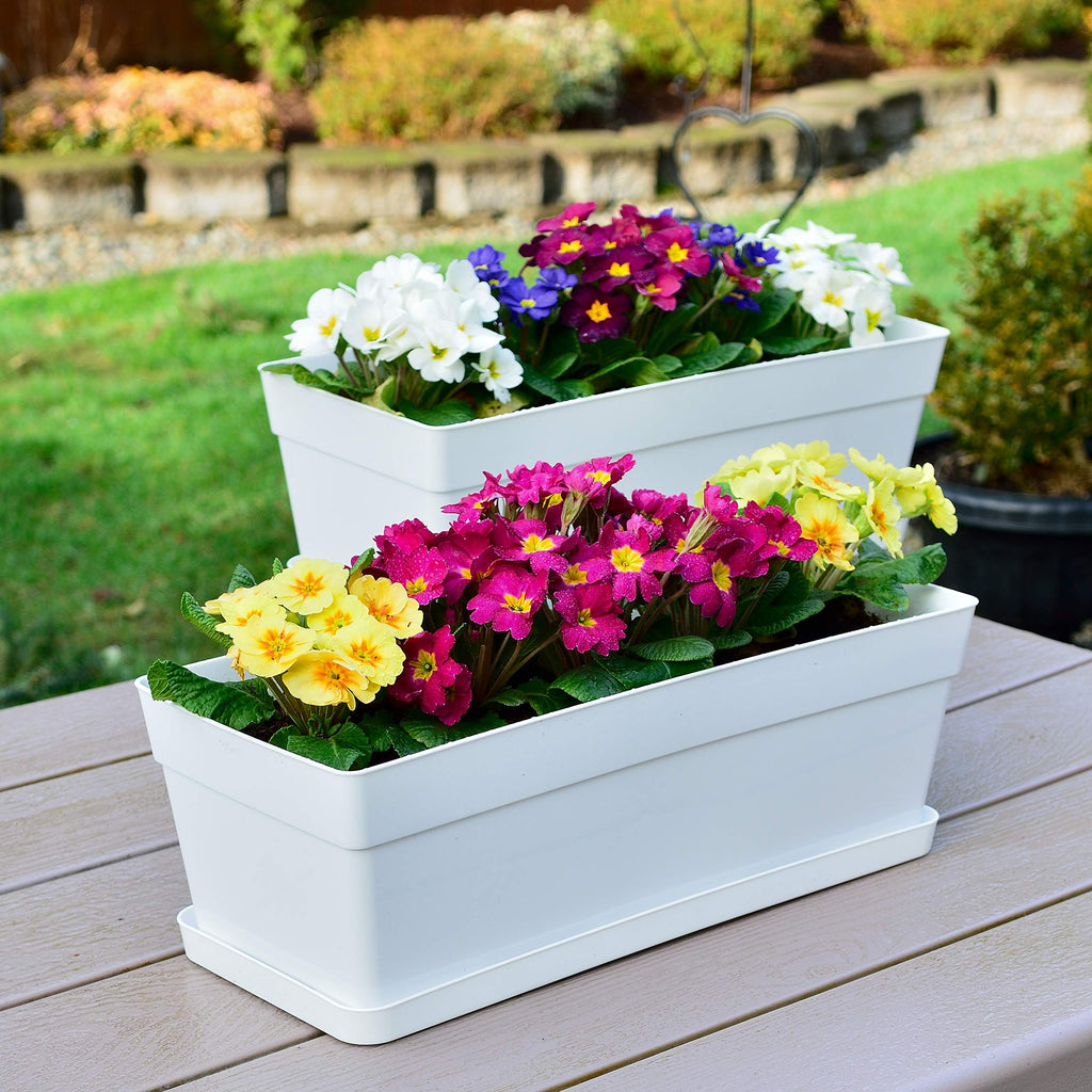 Youngever 3 Pack 15 Inch Plastic Window Box Planter, Heavy Duty, Flower Box Planter with Attached Tray for Windowsill Garden Balcony, White