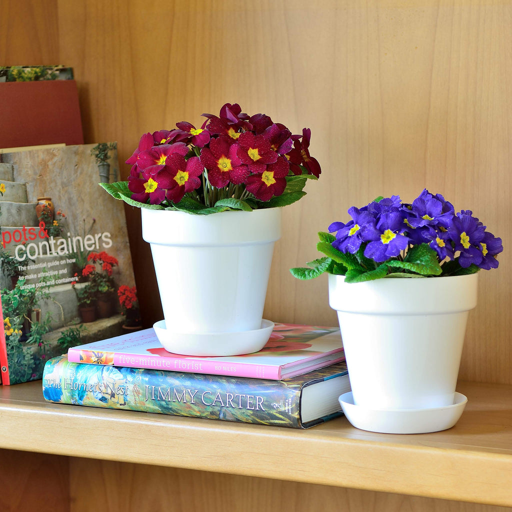 Youngever 4.5 Inch Plastic Planters with Saucers, Indoor Flower Plant Pots, Modern Decorative Gardening Pot with Drainage