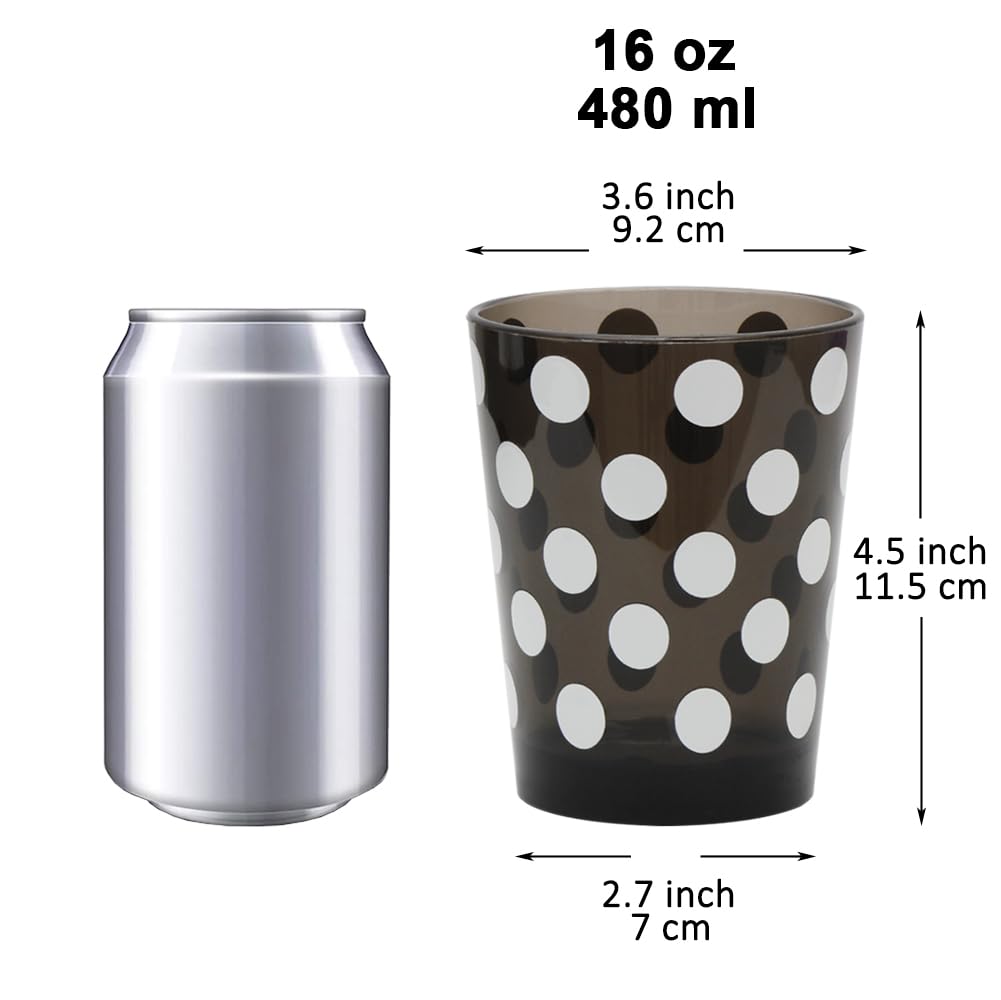 Youngever 4 Pack 16 Ounce Plastic Tumblers, Bistro Plastic Glasses, Cafe BreakResistant Drinking Glasses, Shatterproof Beverage Tumblers, Reusable, NO BPA, Top rack Dishwasher Safe (White Polka)