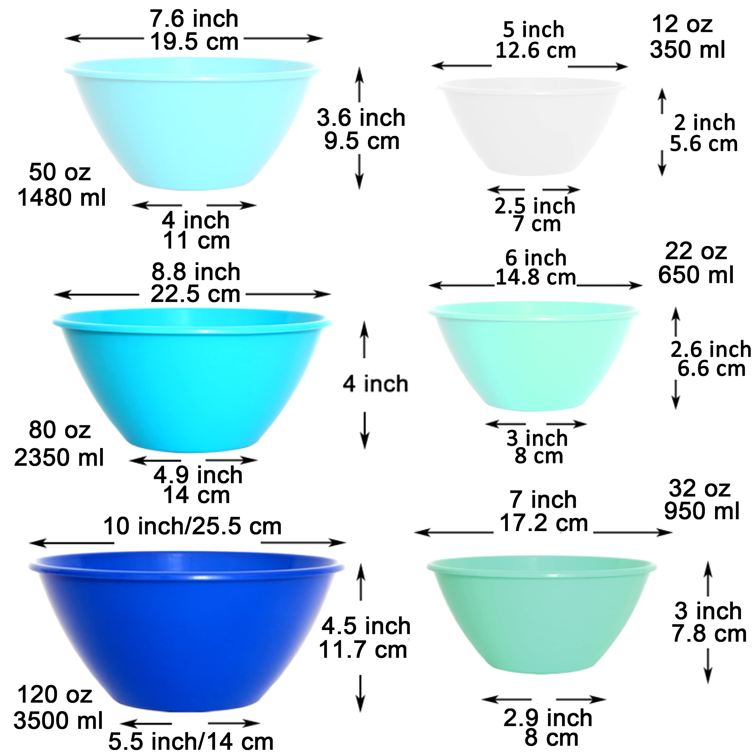 Youngever 6 Pack Large Plastic Mixing and Serving Bowls, Plastic Nesting Bowls Set (120OZ, 80OZ, 50OZ, 32OZ, 22OZ, 12OZ)