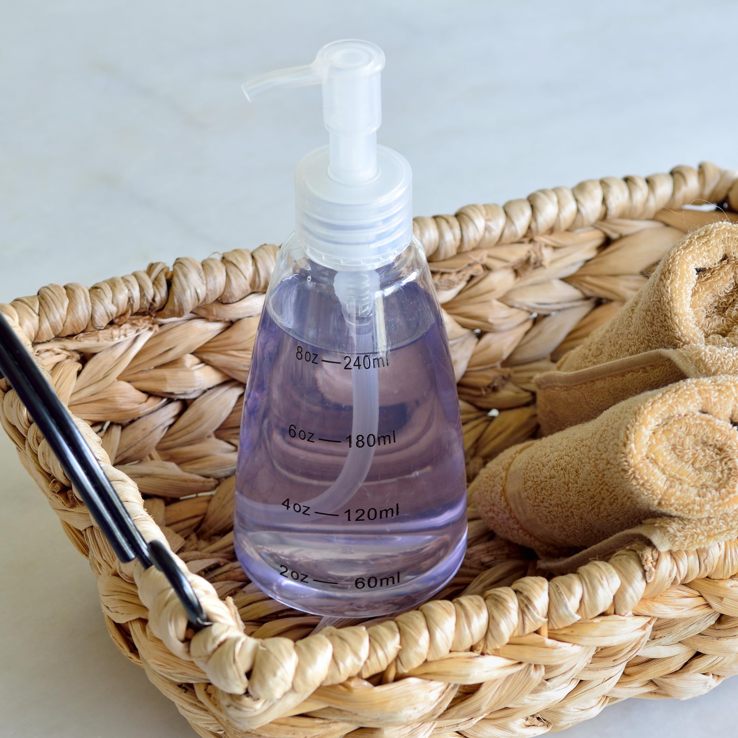 Youngever 6 Pack Plastic Pump Bottles 8 Ounce, Clear Refillable Plastic Pump Bottles with Measurement and Travel Lock (Cone Shape)