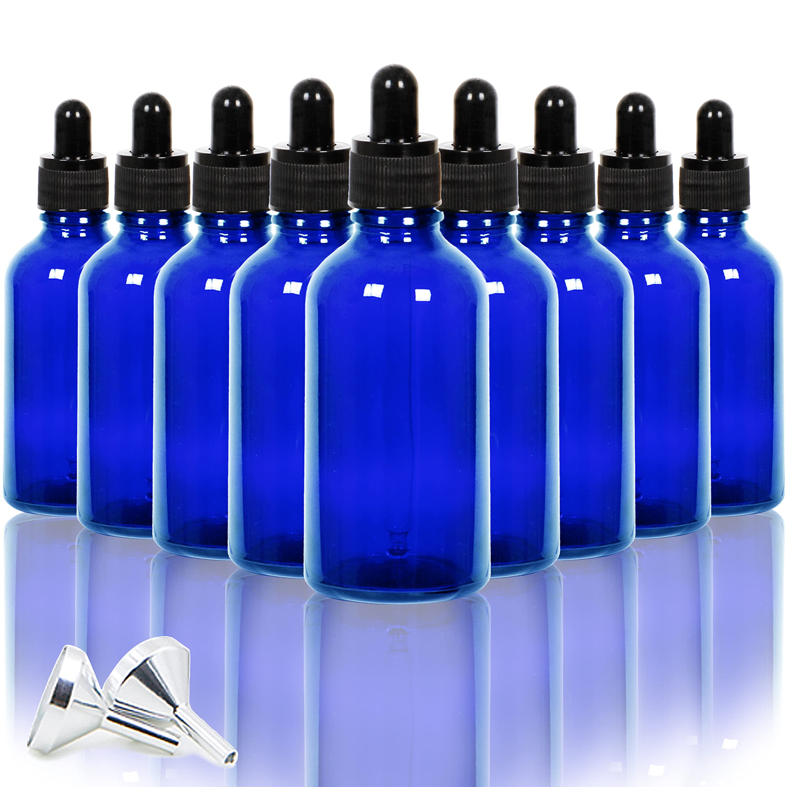 Youngever 12 Pack 2 Ounce Blue Glass Dropper Bottles for Essential Oil, 2 Stainless Steel Mini Funnels