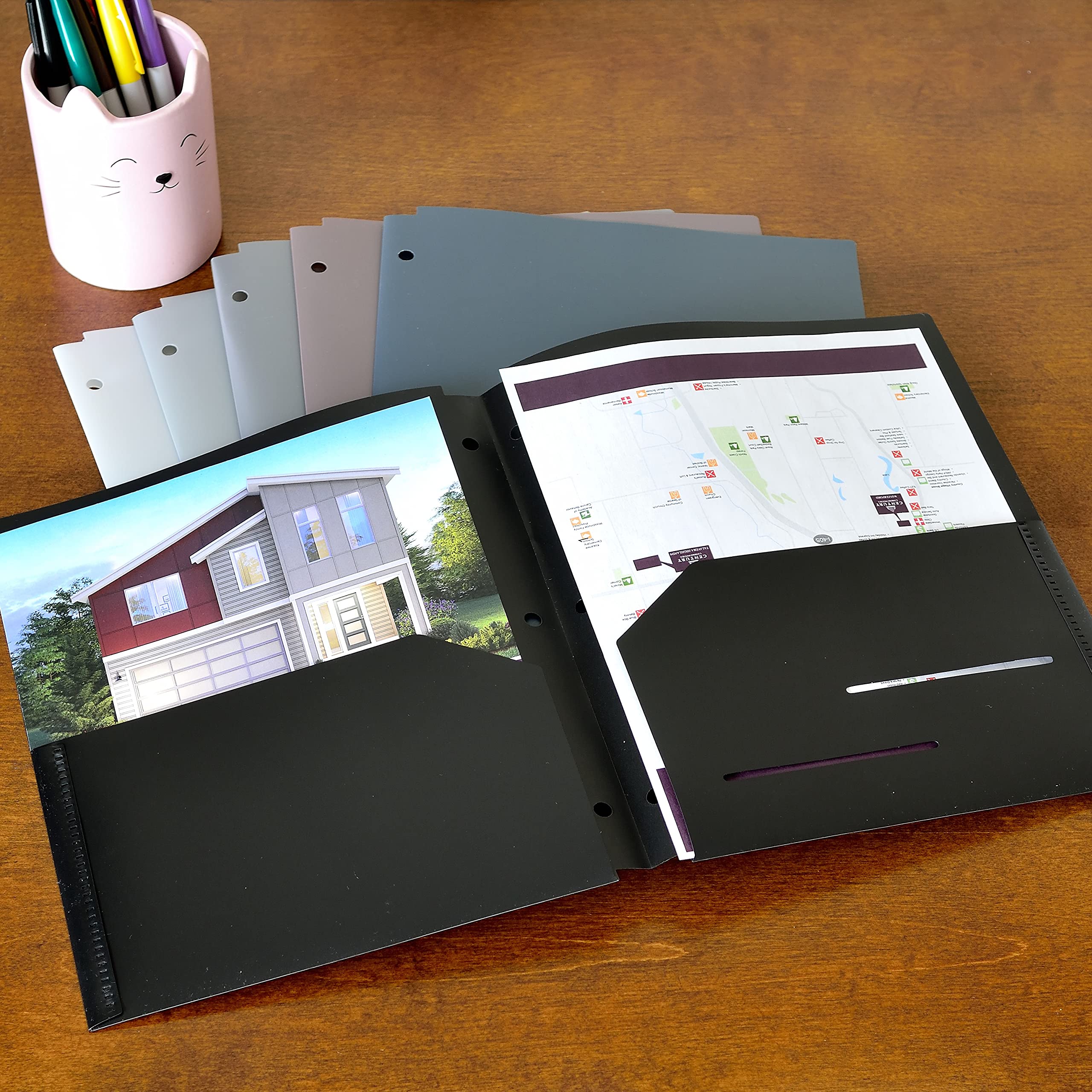 Youngever 12 Pack Heavy Duty Plastic Two Pocket Folders, Binder Dividers with Pocket, 3 Hole Punch Folder with Notches, Binder Folders