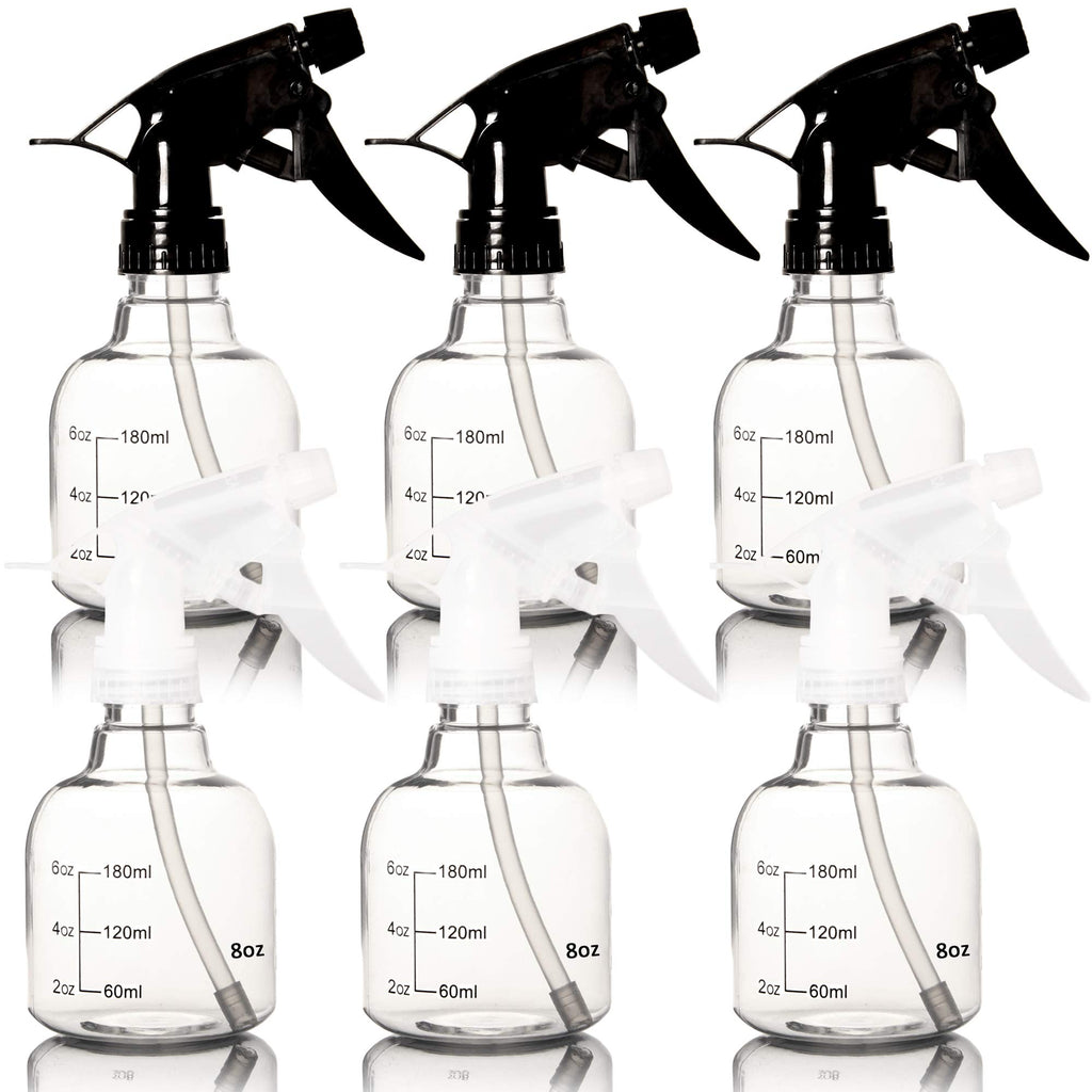 Youngever 6 Pack Empty Plastic Spray Bottles, Spray Bottles for Hair and Cleaning Solutions, 3 Clear and 3 Black Colors