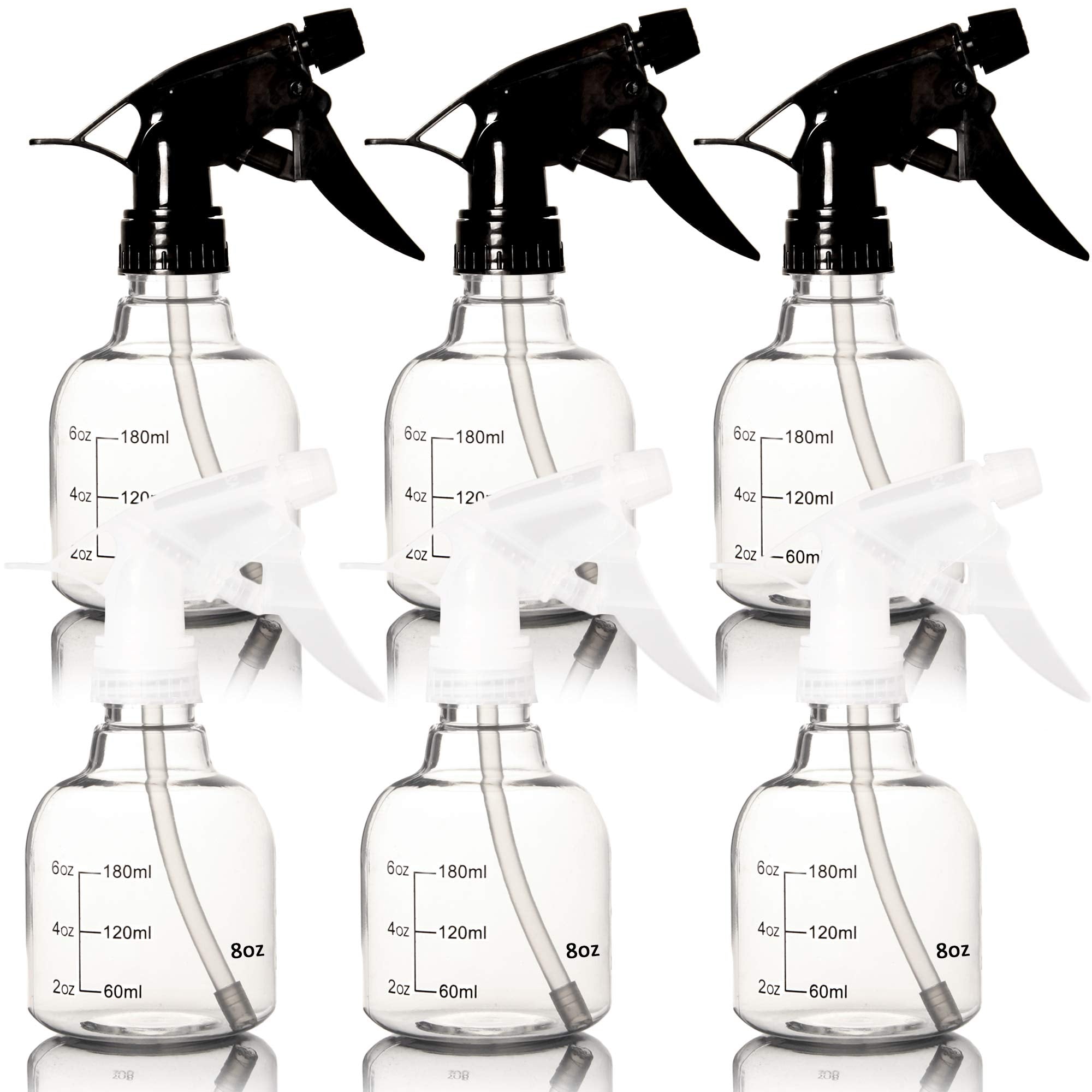Youngever 6 Pack Empty Plastic Spray Bottles, Spray Bottles for Hair and Cleaning Solutions, 3 Clear and 3 Black Colors