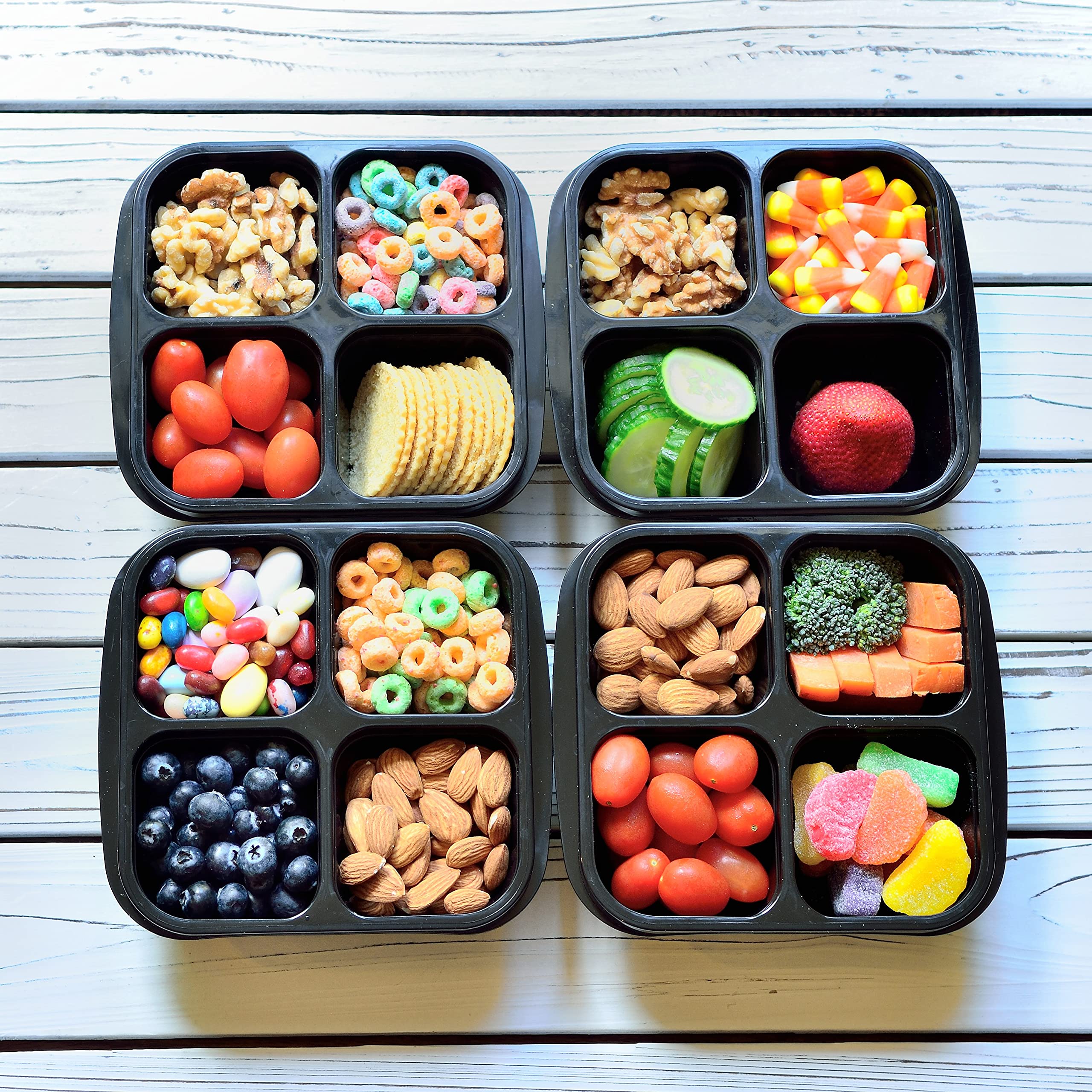 Youngever 8 Pack 4-Compartment Reusable Snack Box Food Containers, Bento Lunch Box, Meal Prep Containers, Divided Food Storage Containers
