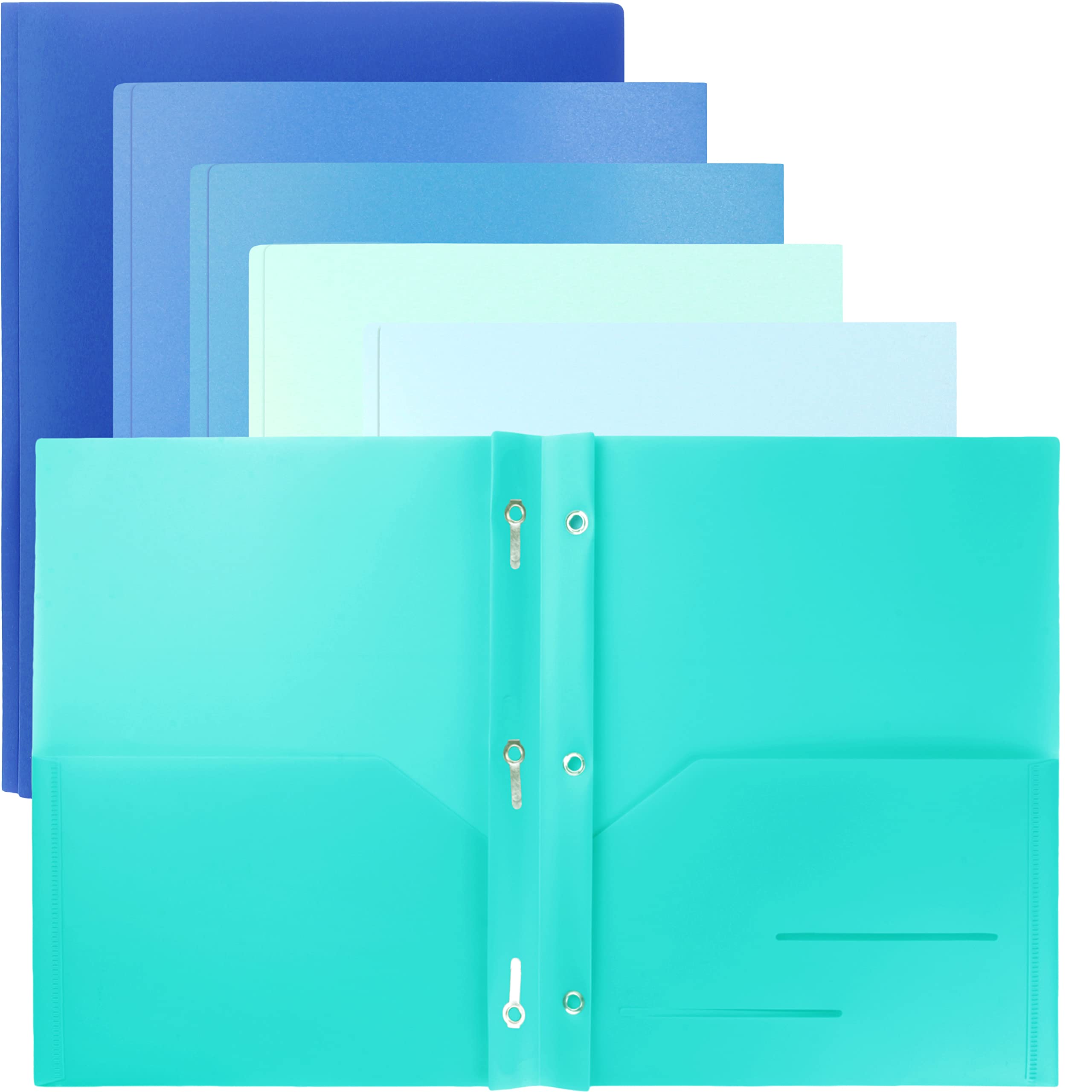 Youngever 12 Pack Heavy Duty Plastic Two Pocket Folders with 3 Prongs, Metal Prongs Fastener, Heavy Duty Plastic 2 Pocket Folder, in 6 Coastal Colors