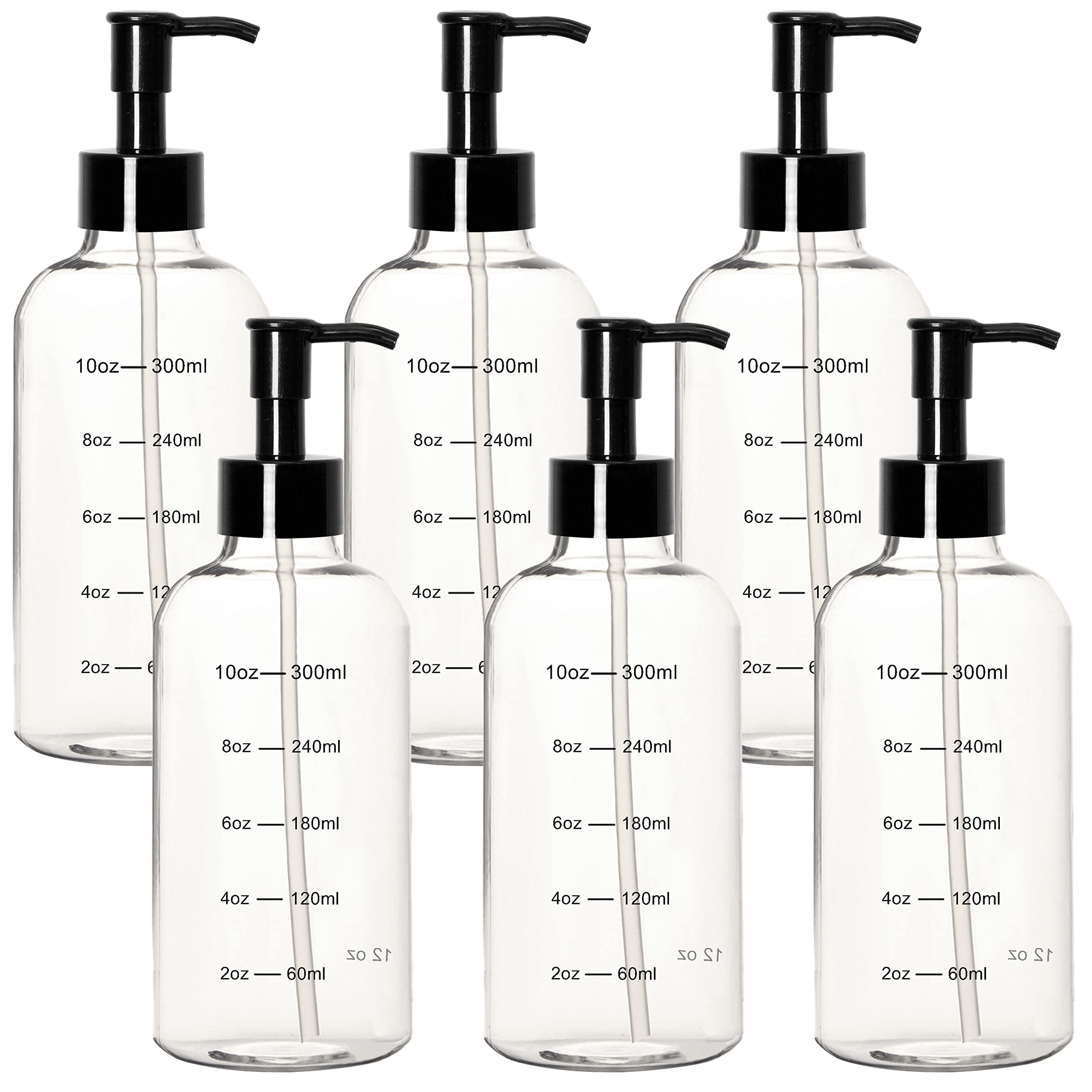 Youngever 6 Pack Plastic Pump Bottles, Clear Refillable Plastic Pump Bottles with Measurement and Travel Lock