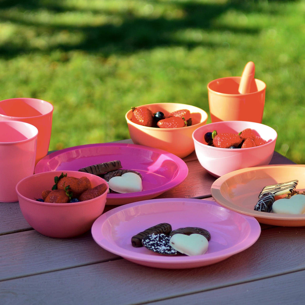 Youngever 54 pcs Plastic Kids Dinnerware Set of 9 in 9 Peach Colors, Toddler Safe, Microwave Safe, Dishwasher Safe, Durable and Reusable
