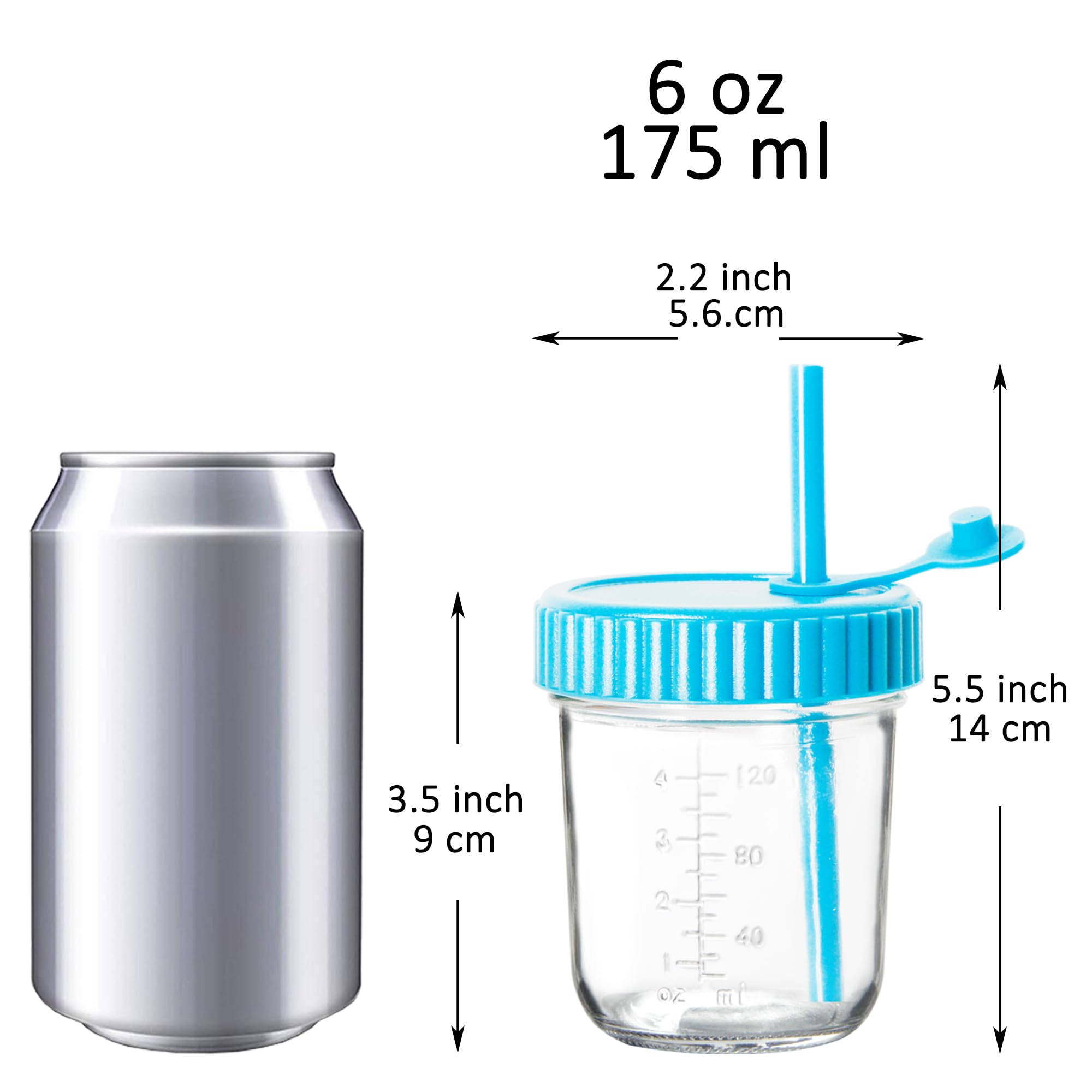 Youngever 8 Pack Kids Glass Jars With Straws, 6 Ounce Cups for Toddler, Mason Jars With Airtight Lids (8 Rainbow Colors)