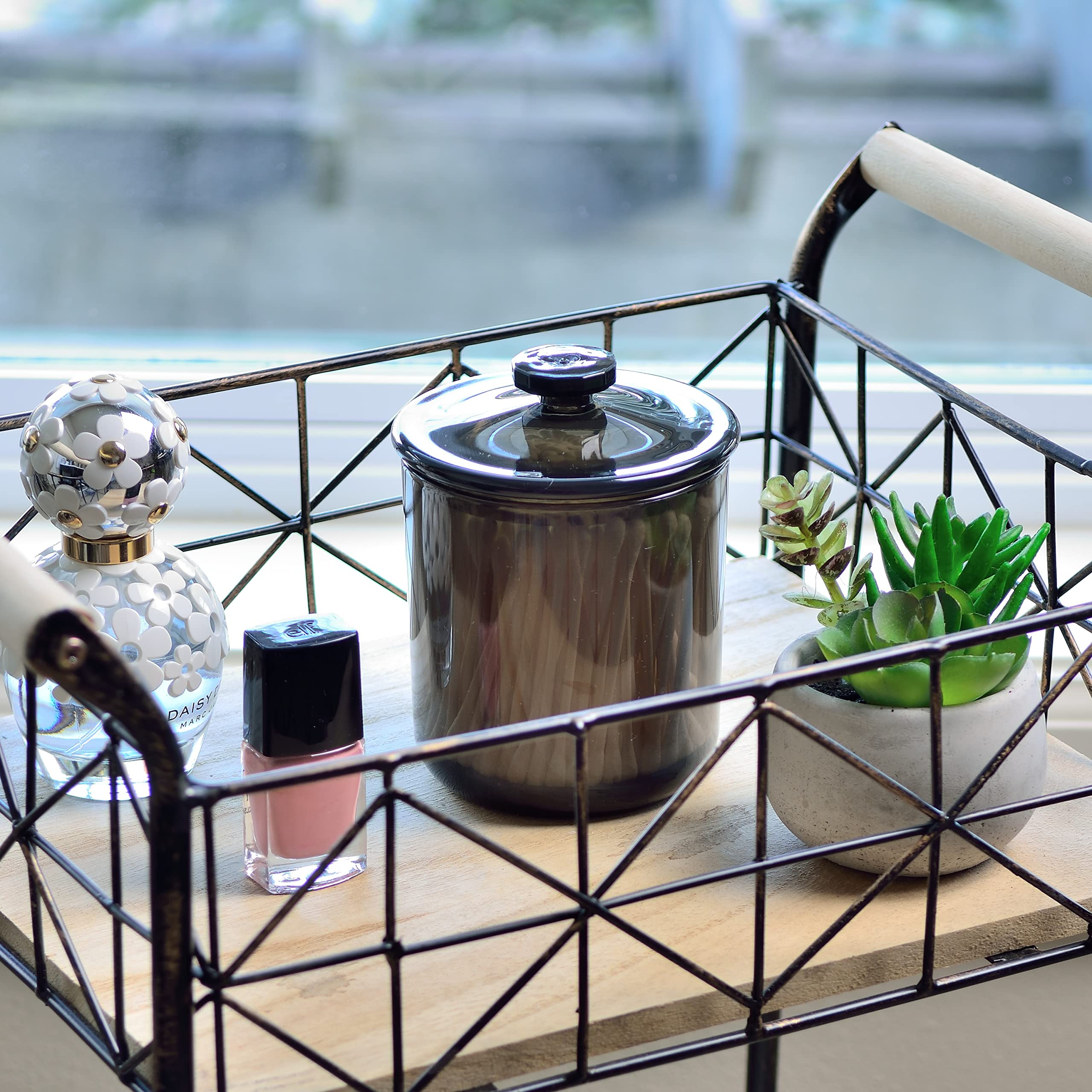 Youngever Black Plastic Apothecary Jars, Qtip Holder, Cotton Swab Holder, Bathroom Vanity Organizer for Cotton Balls, Cotton Pads, Qtips