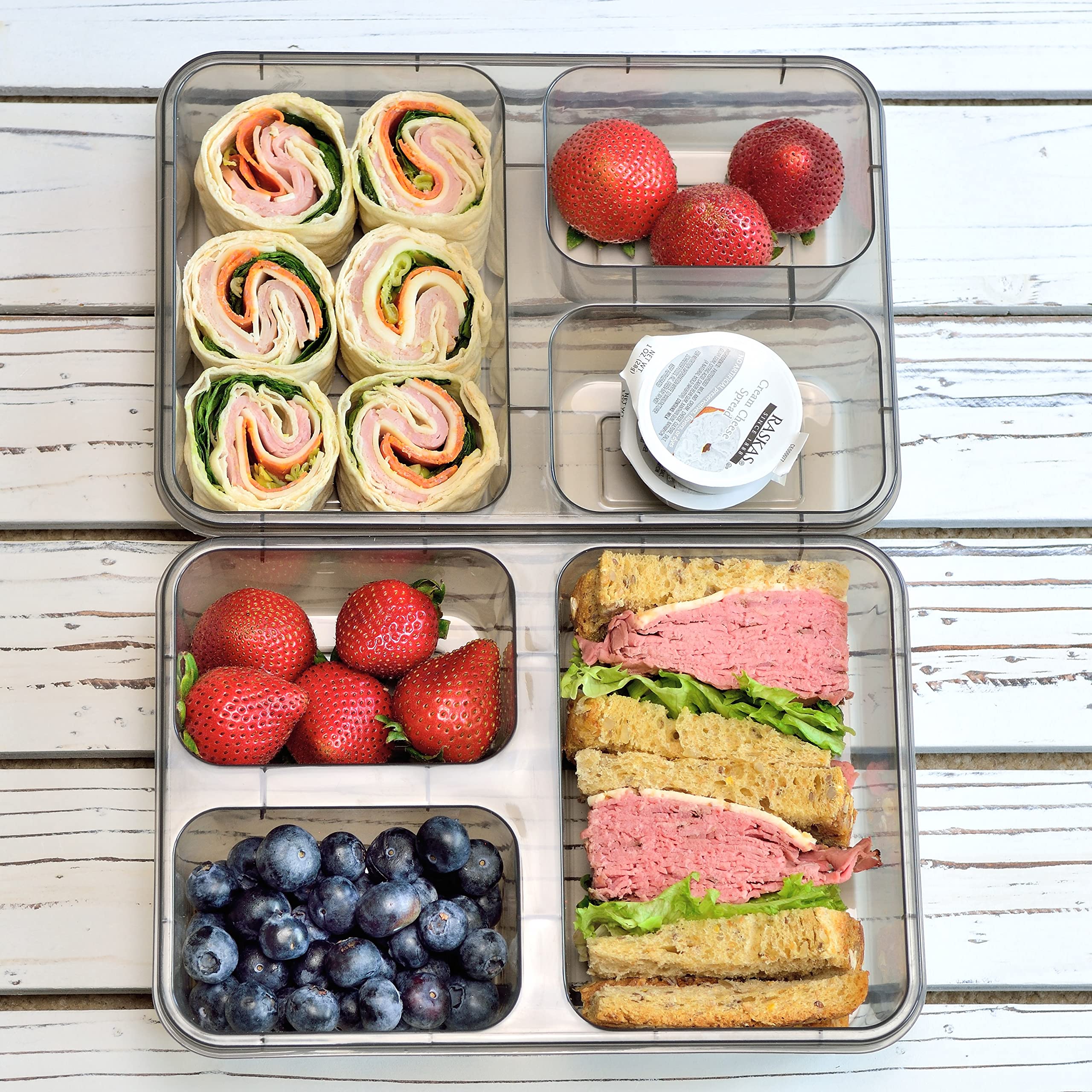 Youngever 7 Sets Thick Large Bento Lunch Box 40 Ounce, Meal Prep Containers, Reusable Plastic Divided Food Storage Container Boxes (3 Compartment)