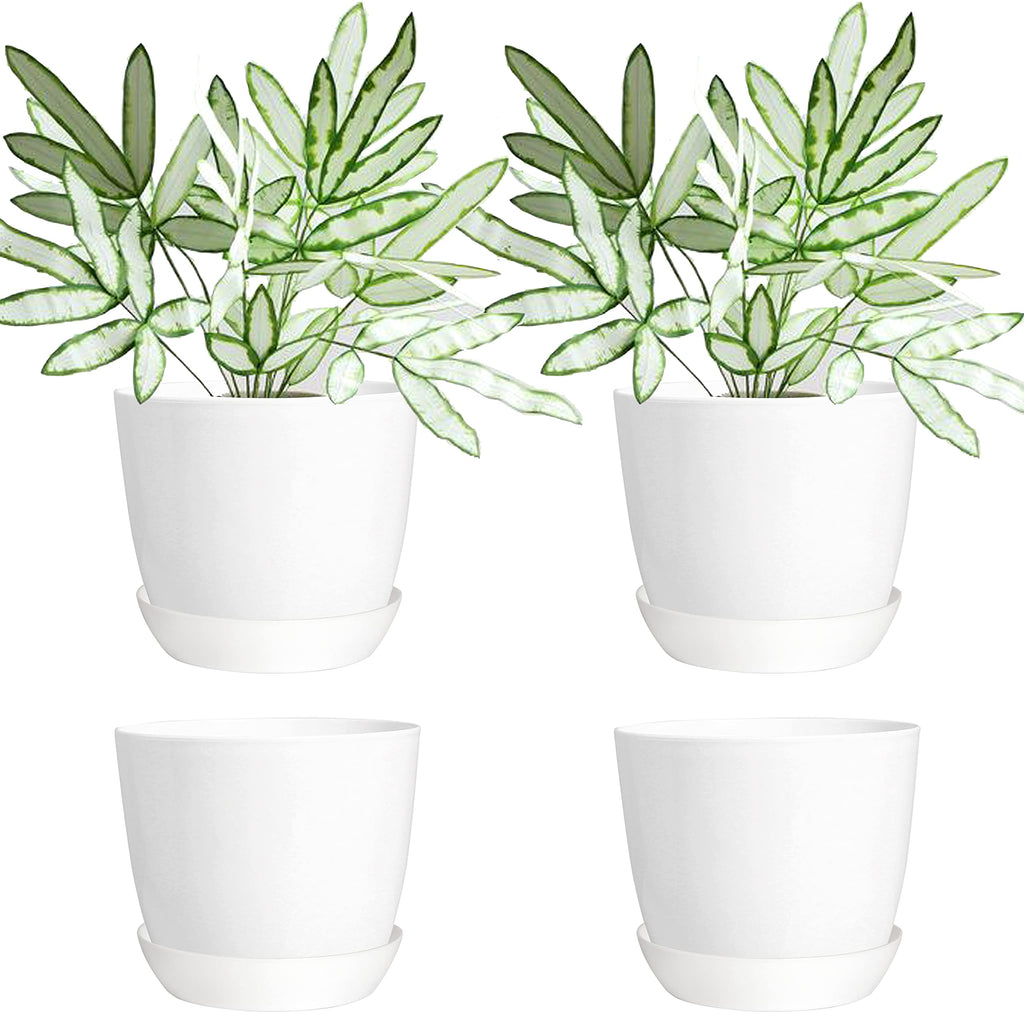 Youngever 4.5 Inch Plastic Planters with Saucers, Indoor Flower Plant Pots, Modern Decorative Gardening Pot with Drainage