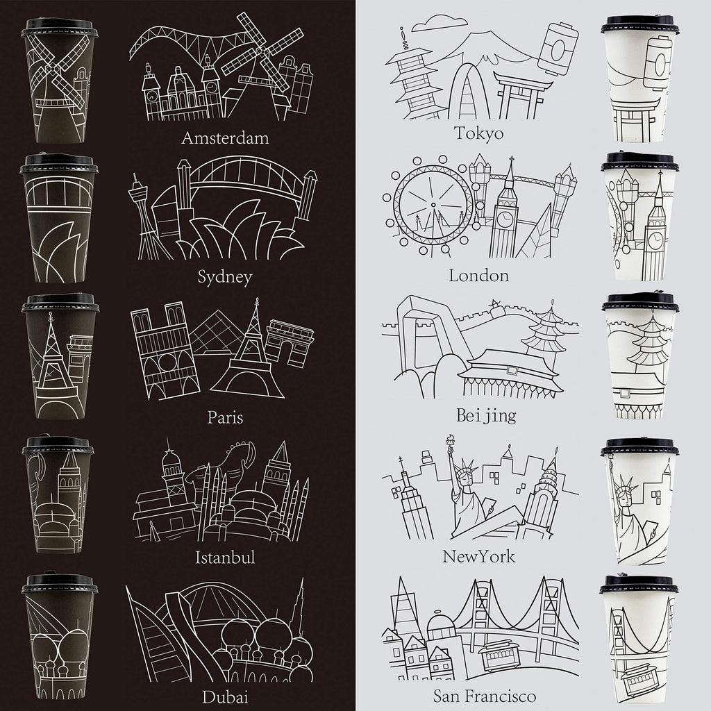 Youngever 70 Sets Disposable Coffee Cups with Lids, To Go Hot Coffee Cups, Durable Paper Cups with Lids, City Skyline Design