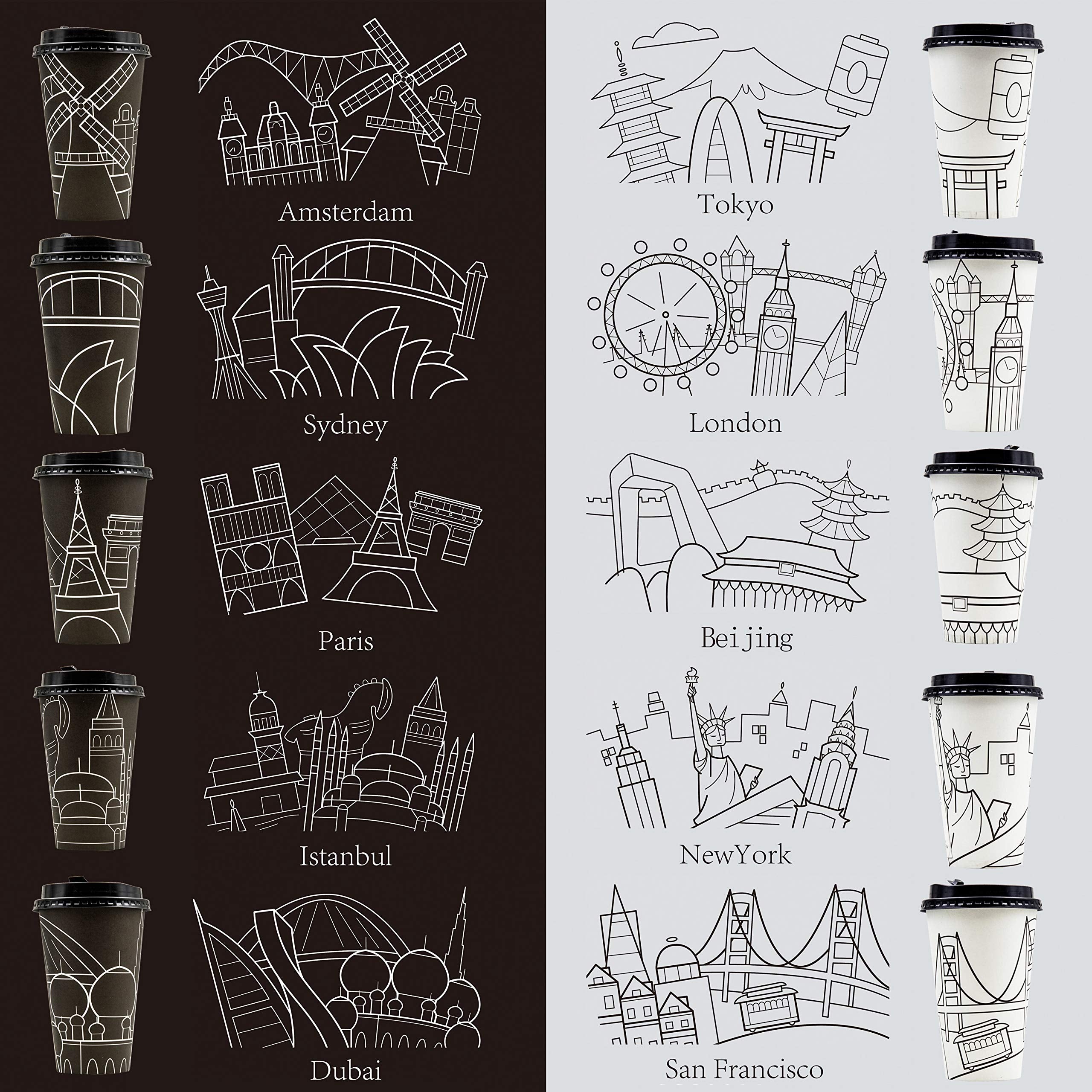 Youngever 70 Sets Disposable Coffee Cups with Lids, To Go Hot Coffee Cups, Durable Paper Cups with Lids, City Skyline Design
