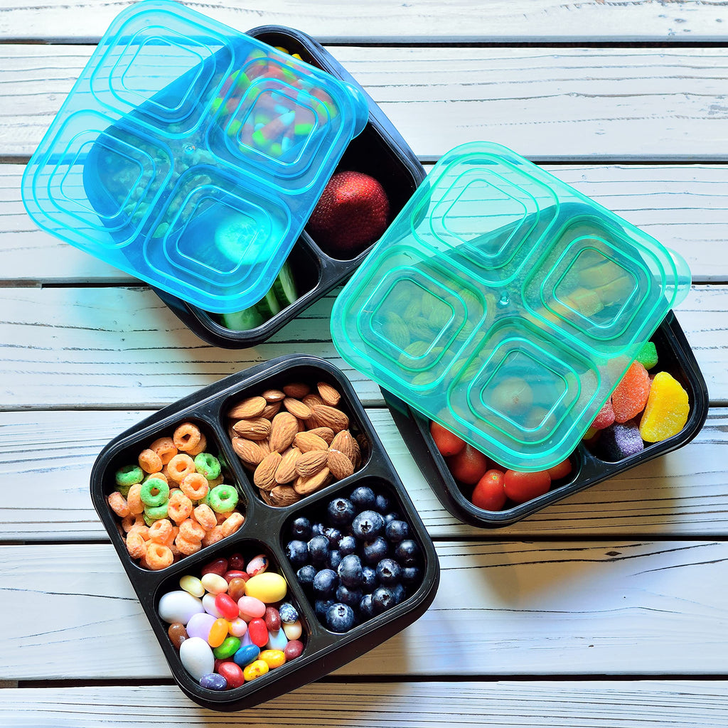 Youngever 8 Pack 4-Compartment Reusable Snack Box Food Containers, Bento Lunch Box, Meal Prep Containers, Divided Food Storage Containers