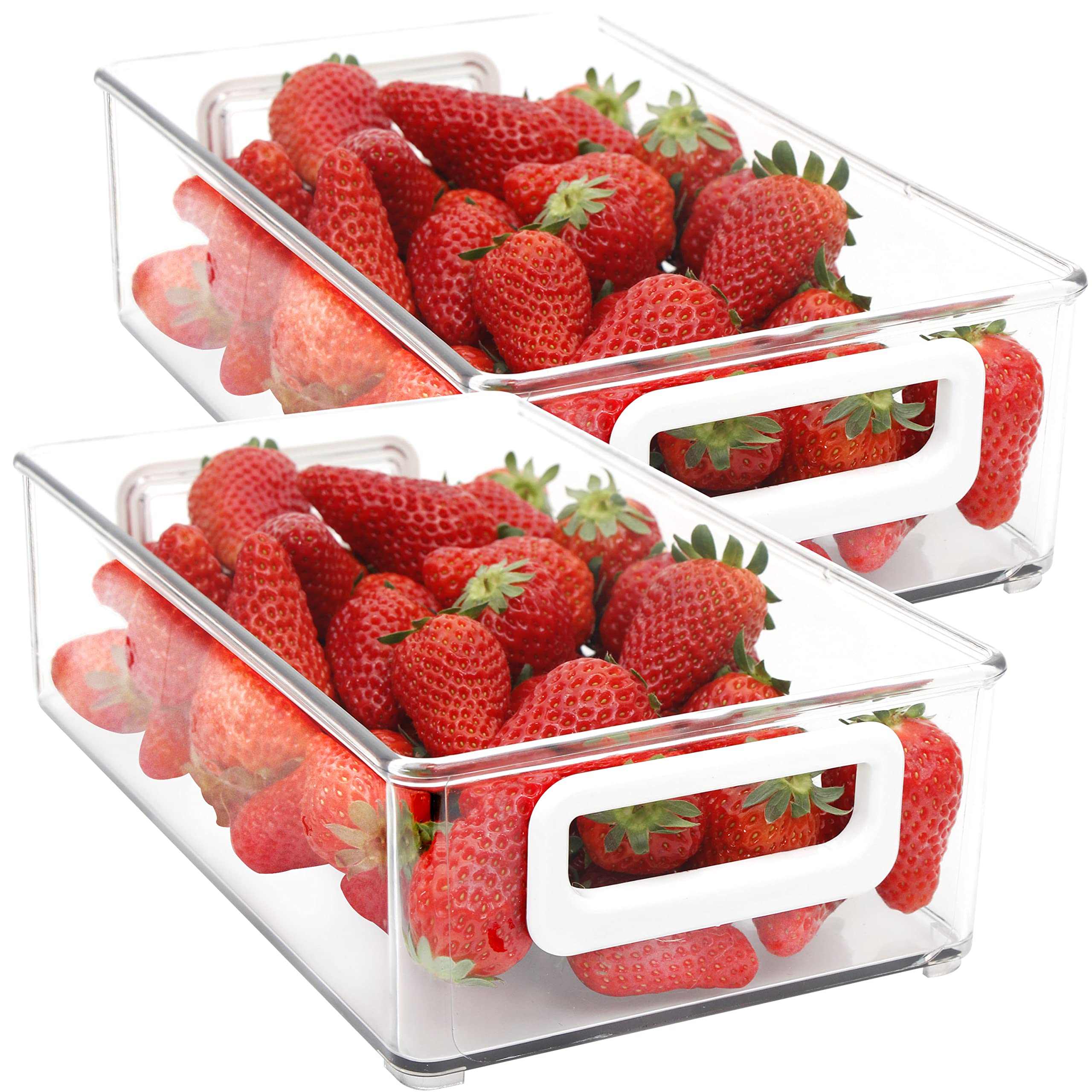 Youngever 2 Pack Stackable Plastic Storage Organizer Container Bin, Stackable Storage Bins with Handler for Refrigerator, Pantry