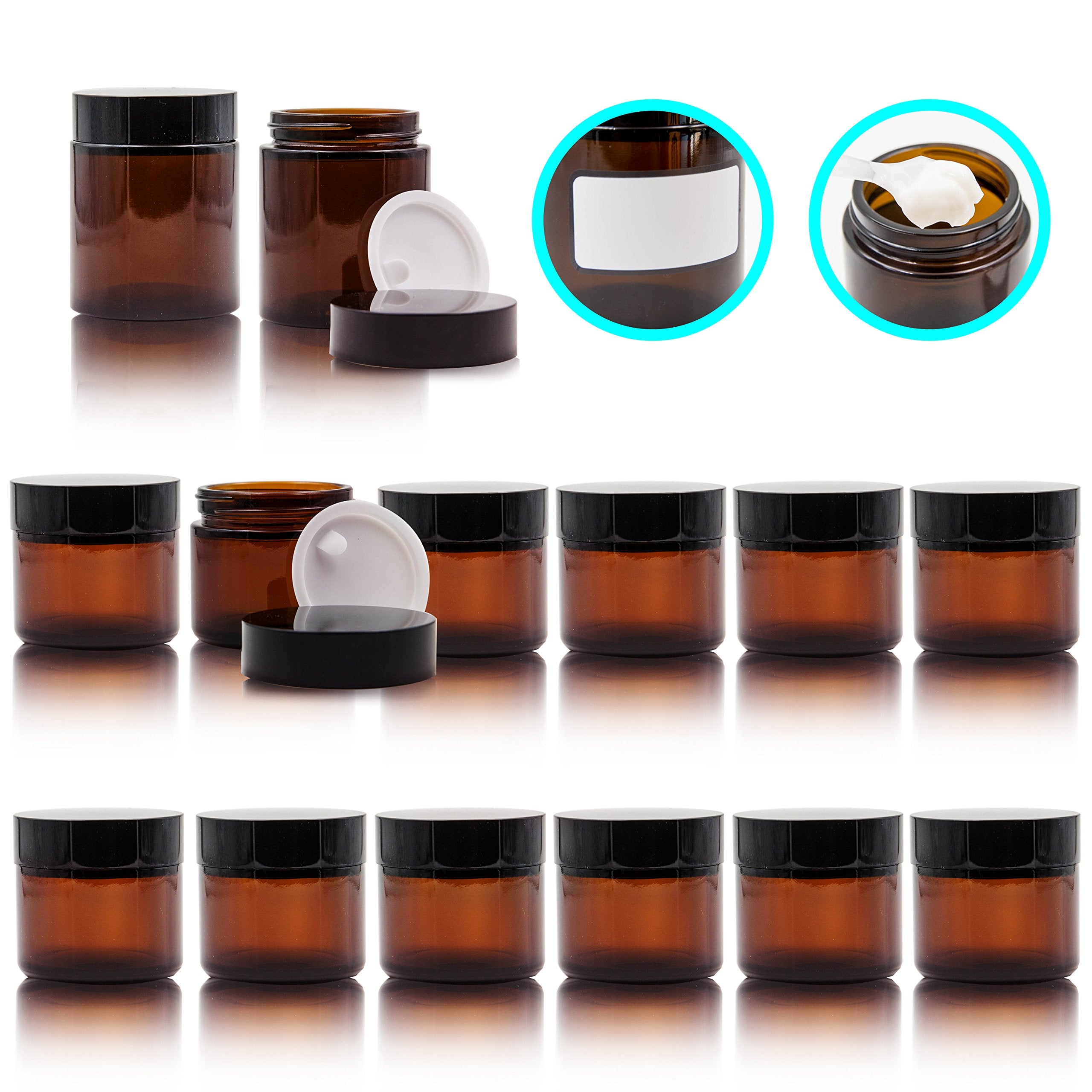Youngever 14 Amber Round Glass Jars, 12 pack 2 Ounce Amber Glass Round Glass Jars, 2 pack 4 Ounce Amber Round Glass Jars, with Inner Liners and Black Lids