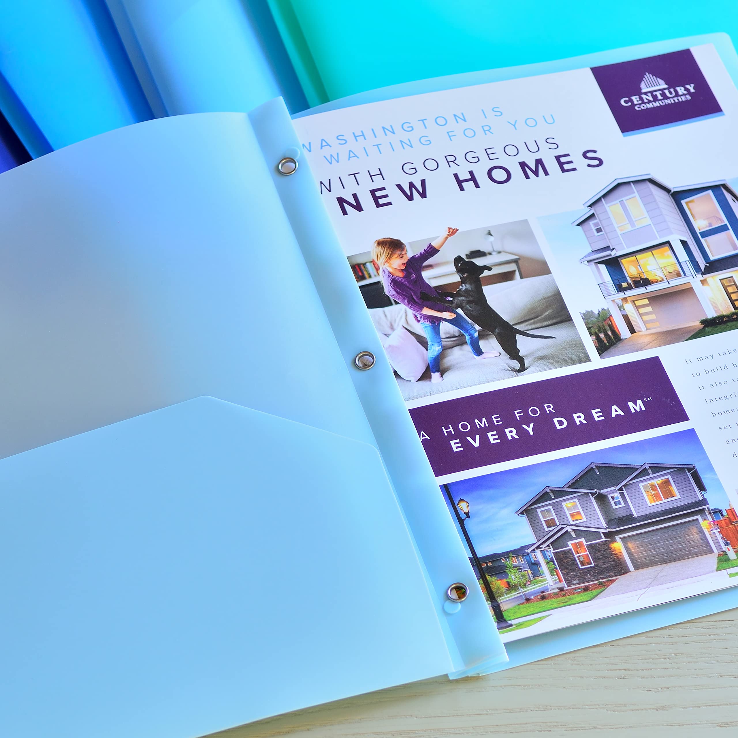 Youngever 12 Pack Heavy Duty Plastic Two Pocket Folders with 3 Prongs, Metal Prongs Fastener, Heavy Duty Plastic 2 Pocket Folder, in 6 Coastal Colors