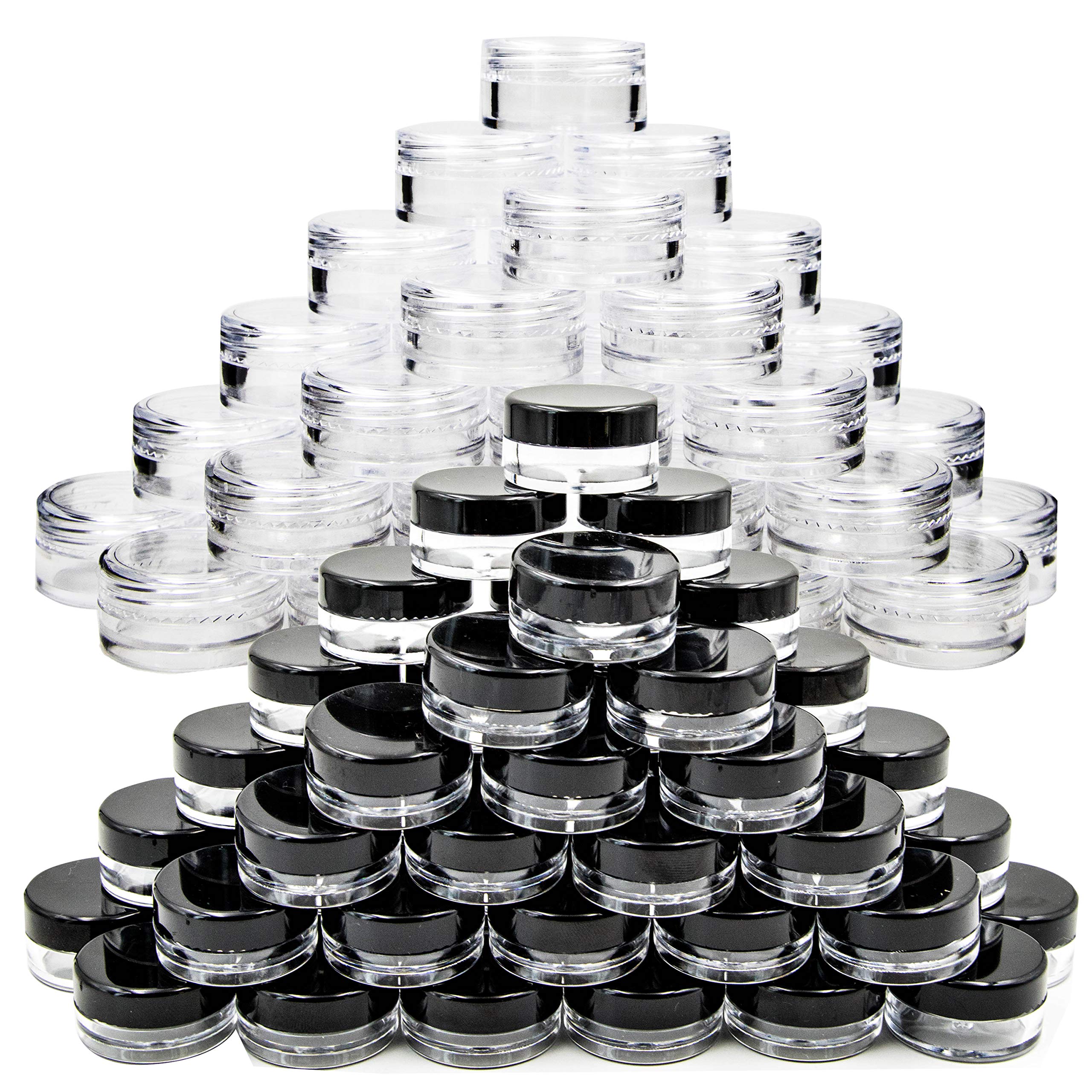 Youngever 140 Pcs Empty Plastic Cosmetic Samples Containers, 80 Pack 5G Plastic Jars With Lids (40 White,40 Black), 60 Pack 3G Cosmetic Jars with Lids (30 White,30 Black), 5 Mini Spatulas and Labels