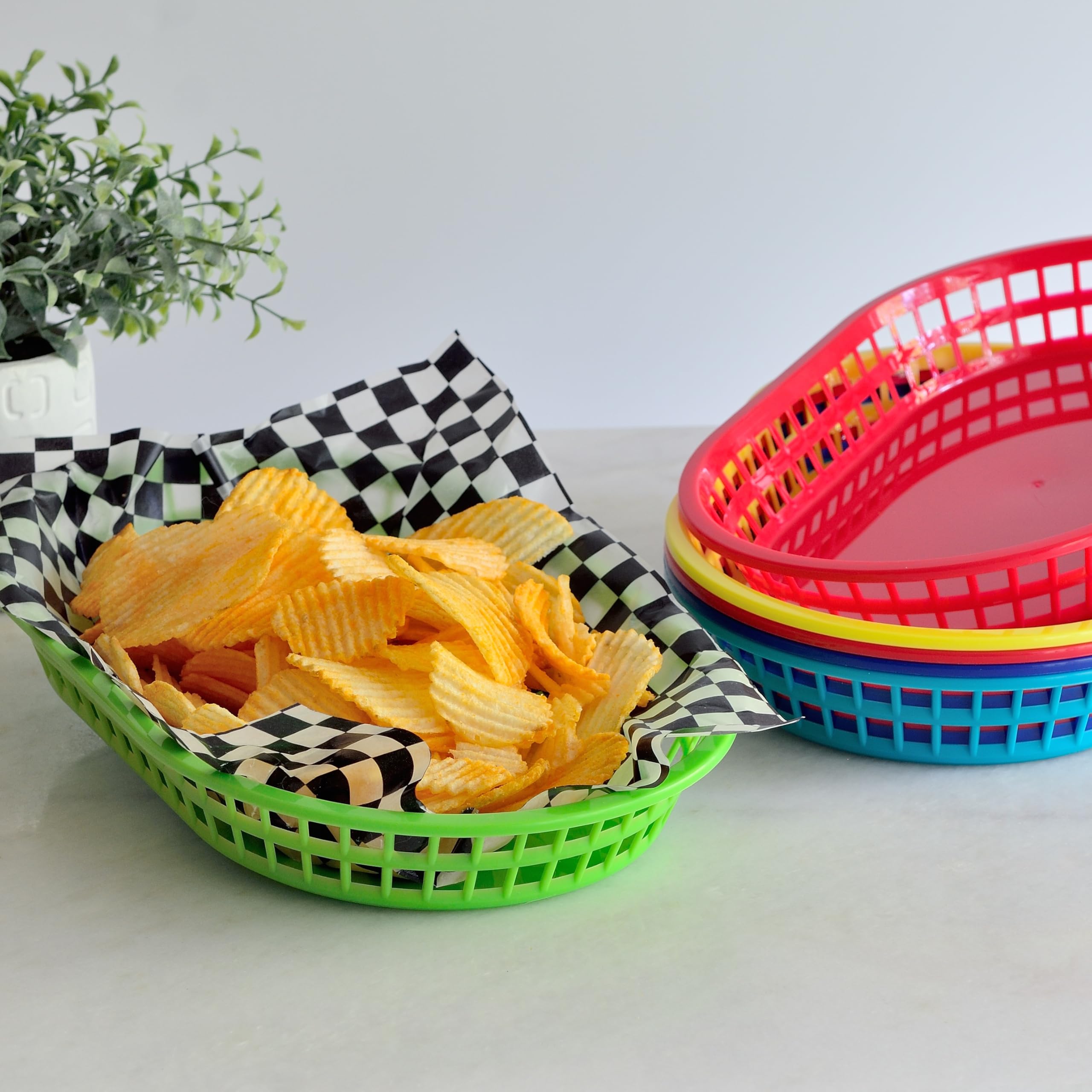 Youngever 10 Pack 11 Inch Large Plastic Fast Food Snack Baskets, Reusable for Popcorn, Chips, Snacks - 5 Assorted Colors (Rectangular Shape)