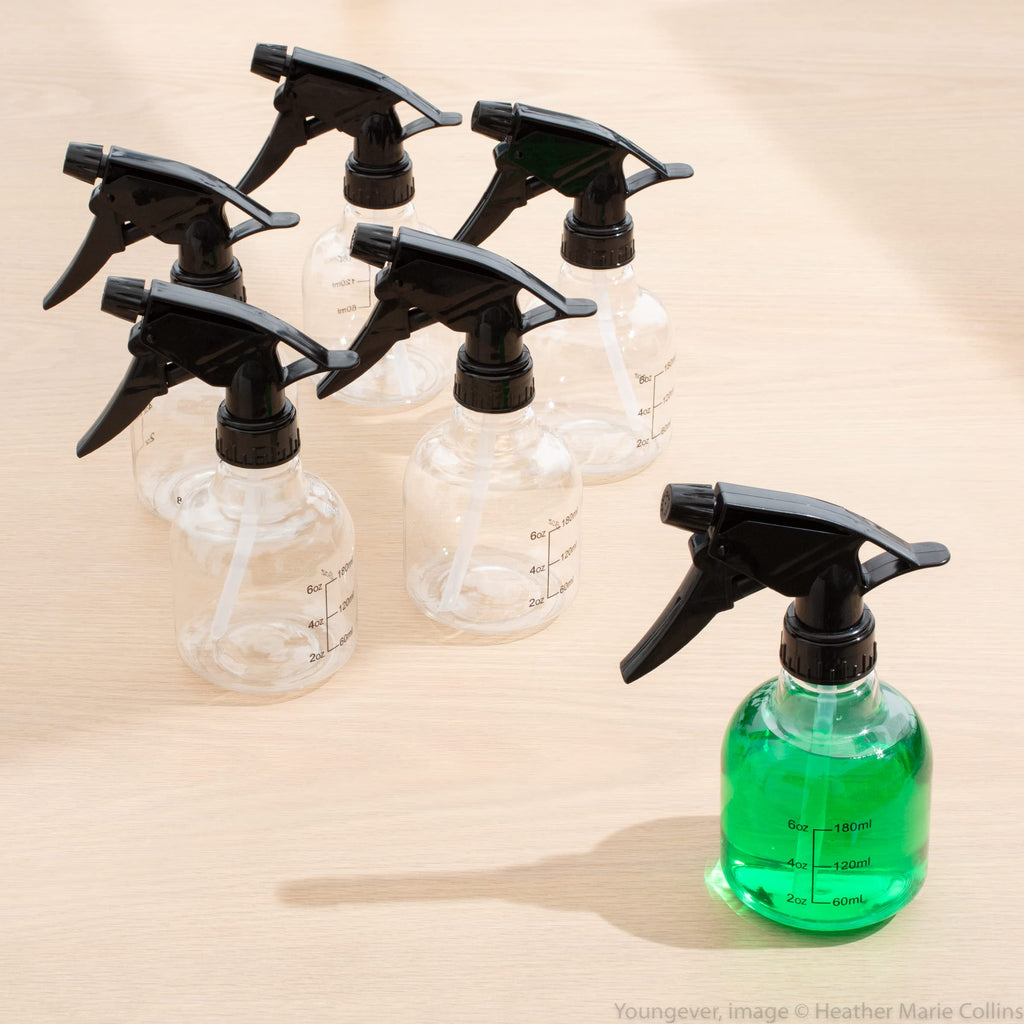 Youngever 6 Pack Empty Plastic Spray Bottles, Spray Bottles for Hair and Cleaning Solutions, 3 Clear and 3 Black Colors (12 Ounce)