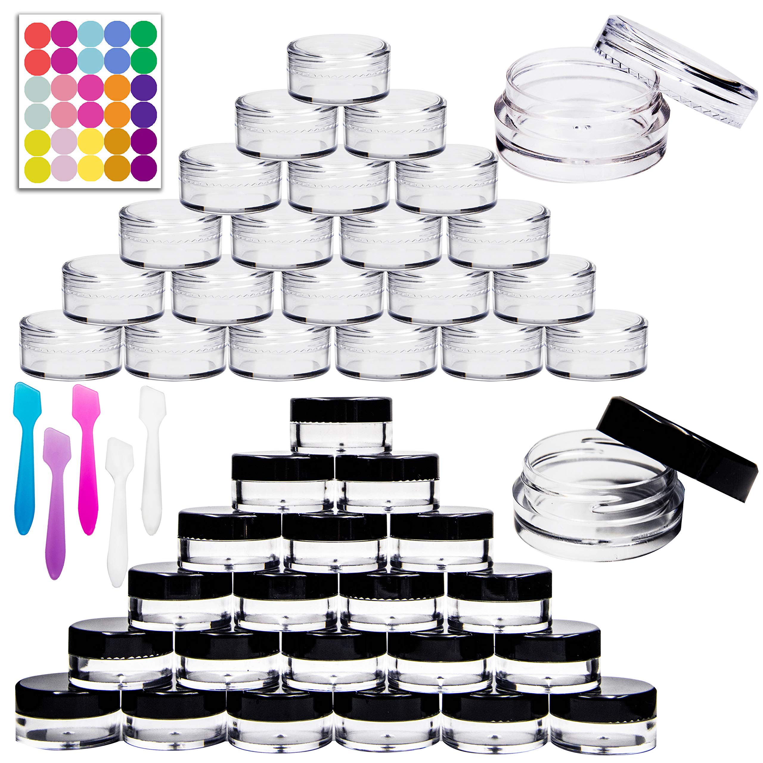 Youngever 140 Pcs Empty Plastic Cosmetic Samples Containers, Plastic Jars With Lids, 5 Mini Spatulas