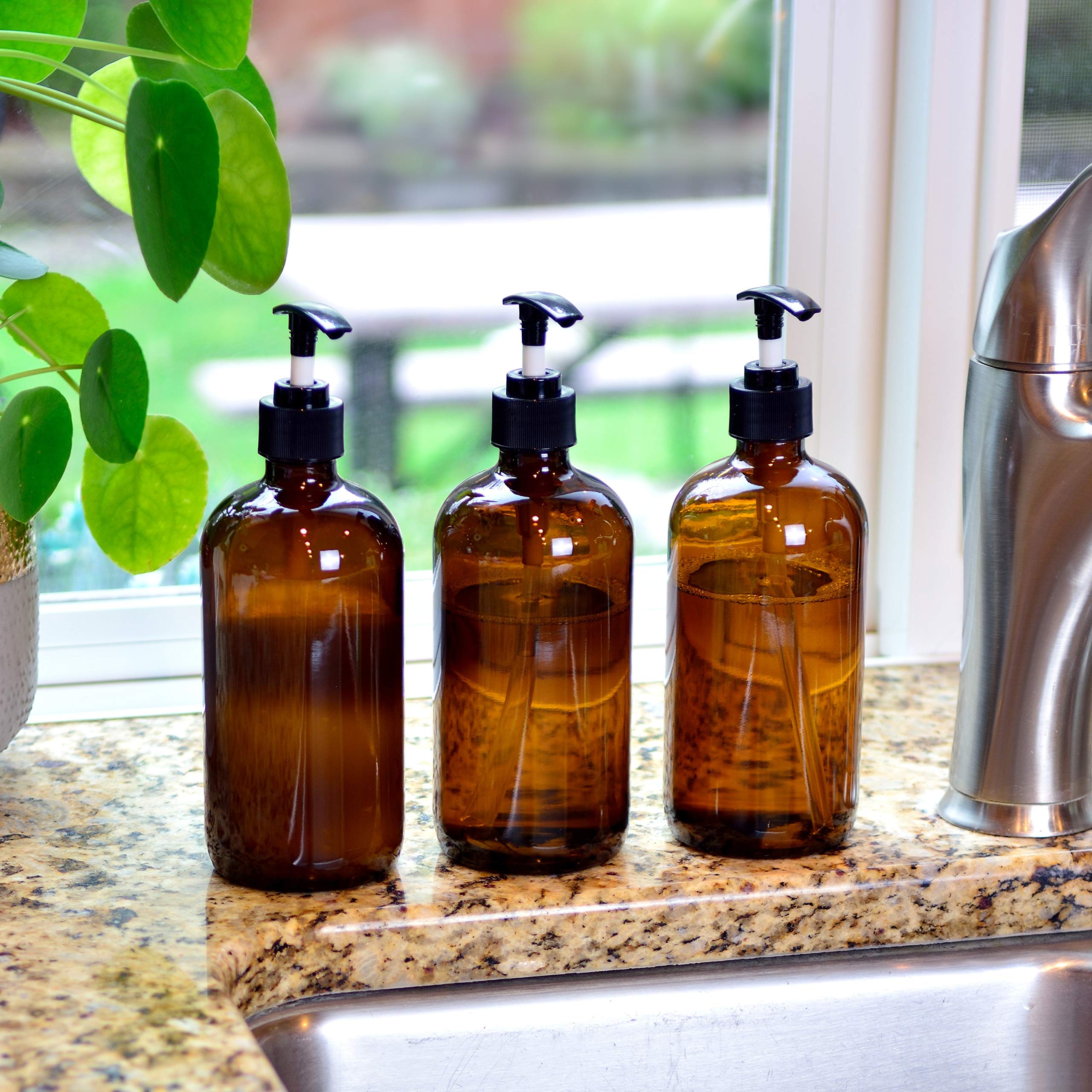 Youngever 3 Pack Empty Amber Glass Pump Bottles, 3 Pack 16 Ounce Pump Bottles, Soap Dispenser, Refillable Containers